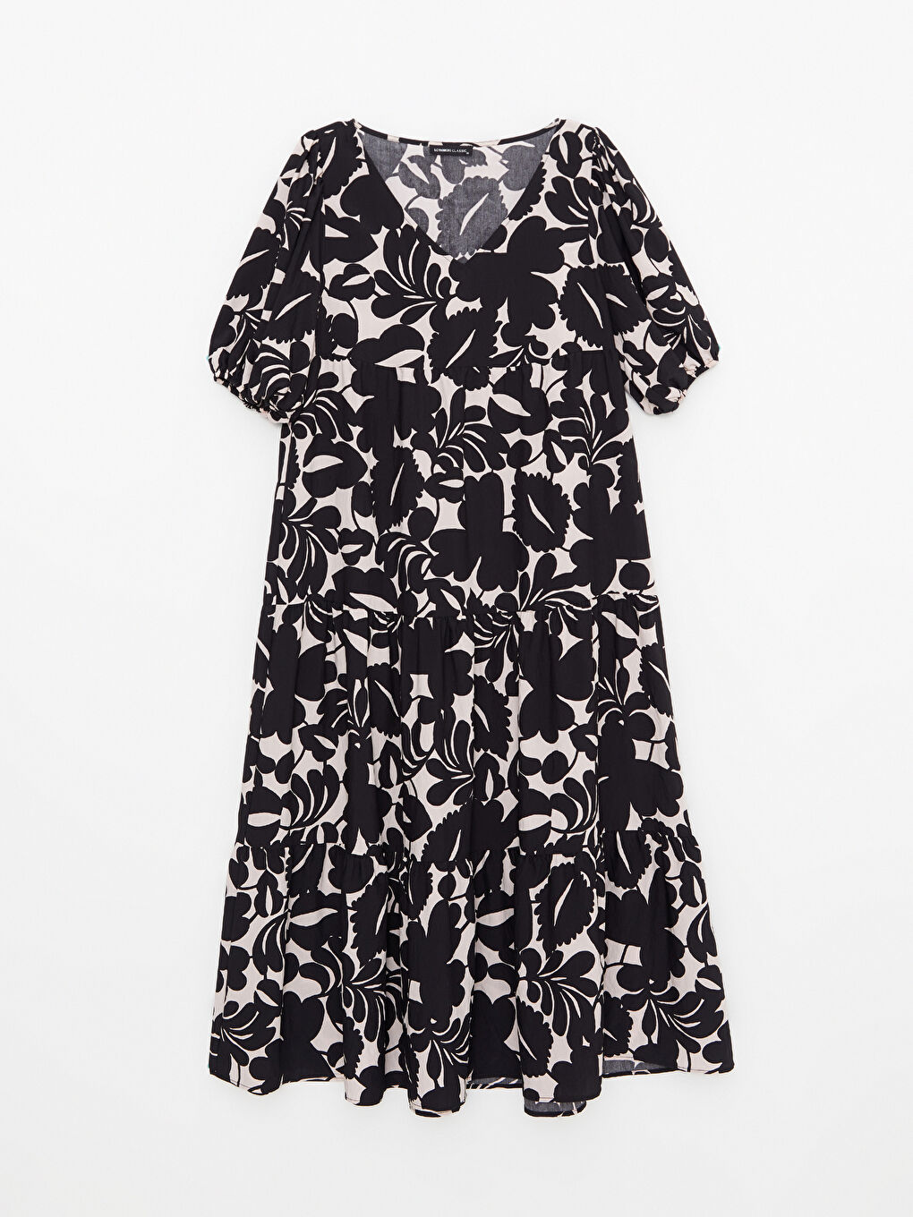 Siyah V Yaka Desenli Kısa Kollu Kadın Elbise-5