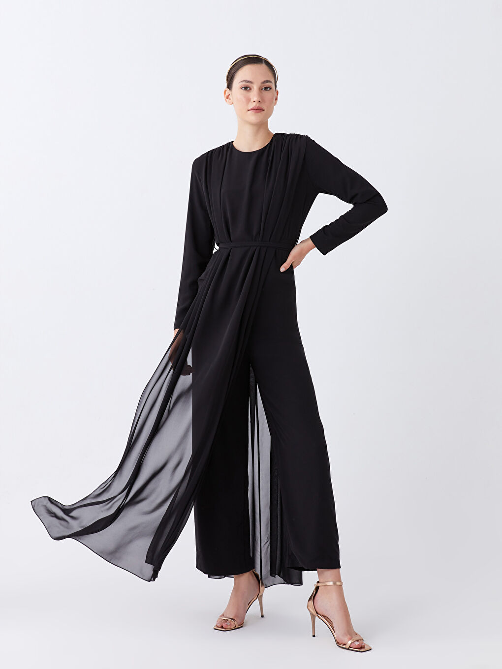 Siyah Bisiklet Yaka Düz Uzun Kollu Şifon Kadın Abiye Tulum