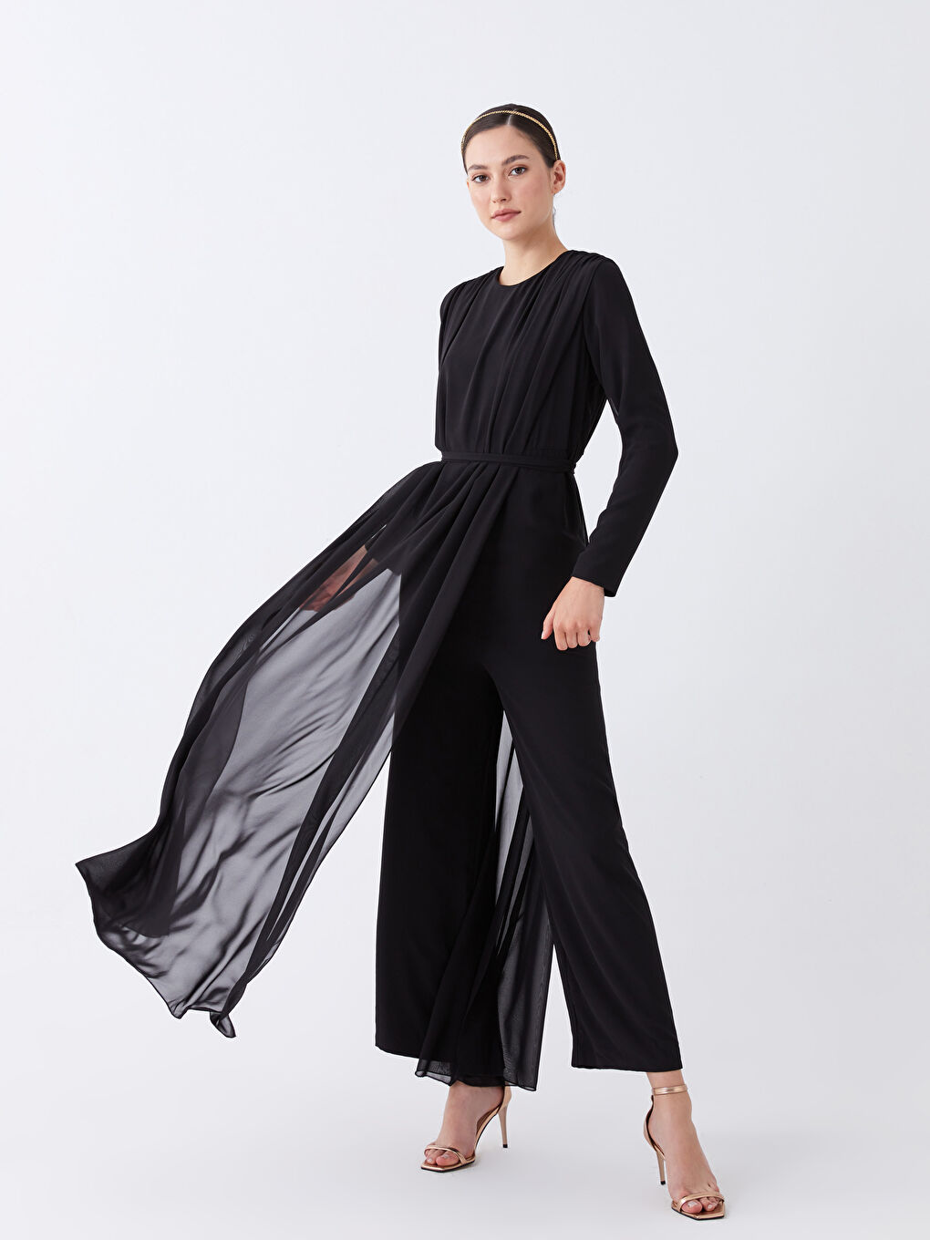 Siyah Bisiklet Yaka Düz Uzun Kollu Şifon Kadın Abiye Tulum-1