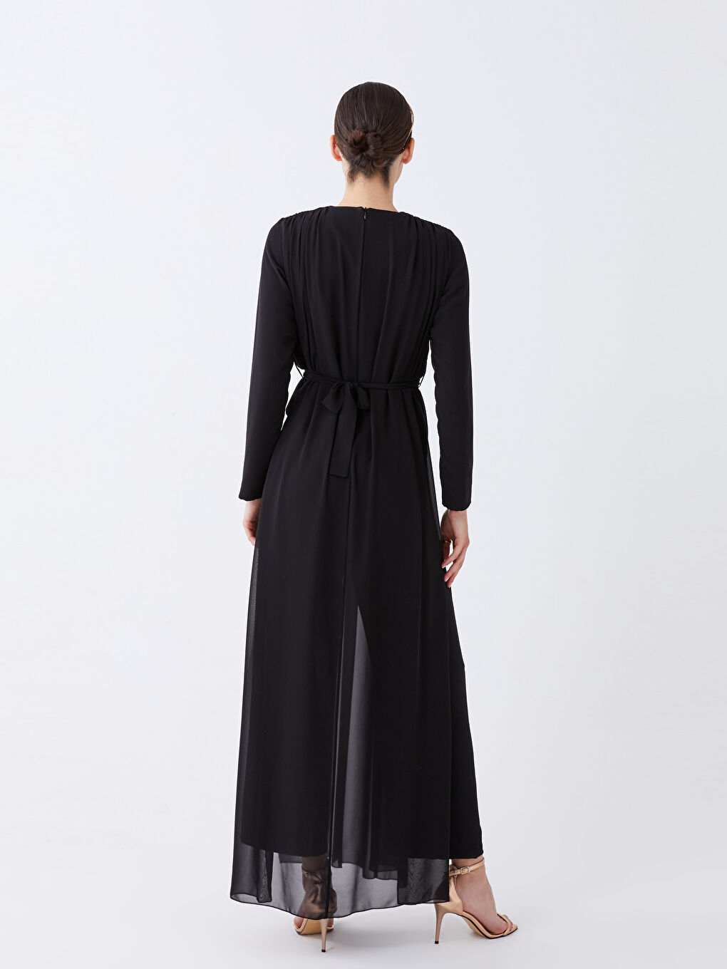 Siyah Bisiklet Yaka Düz Uzun Kollu Şifon Kadın Abiye Tulum-4