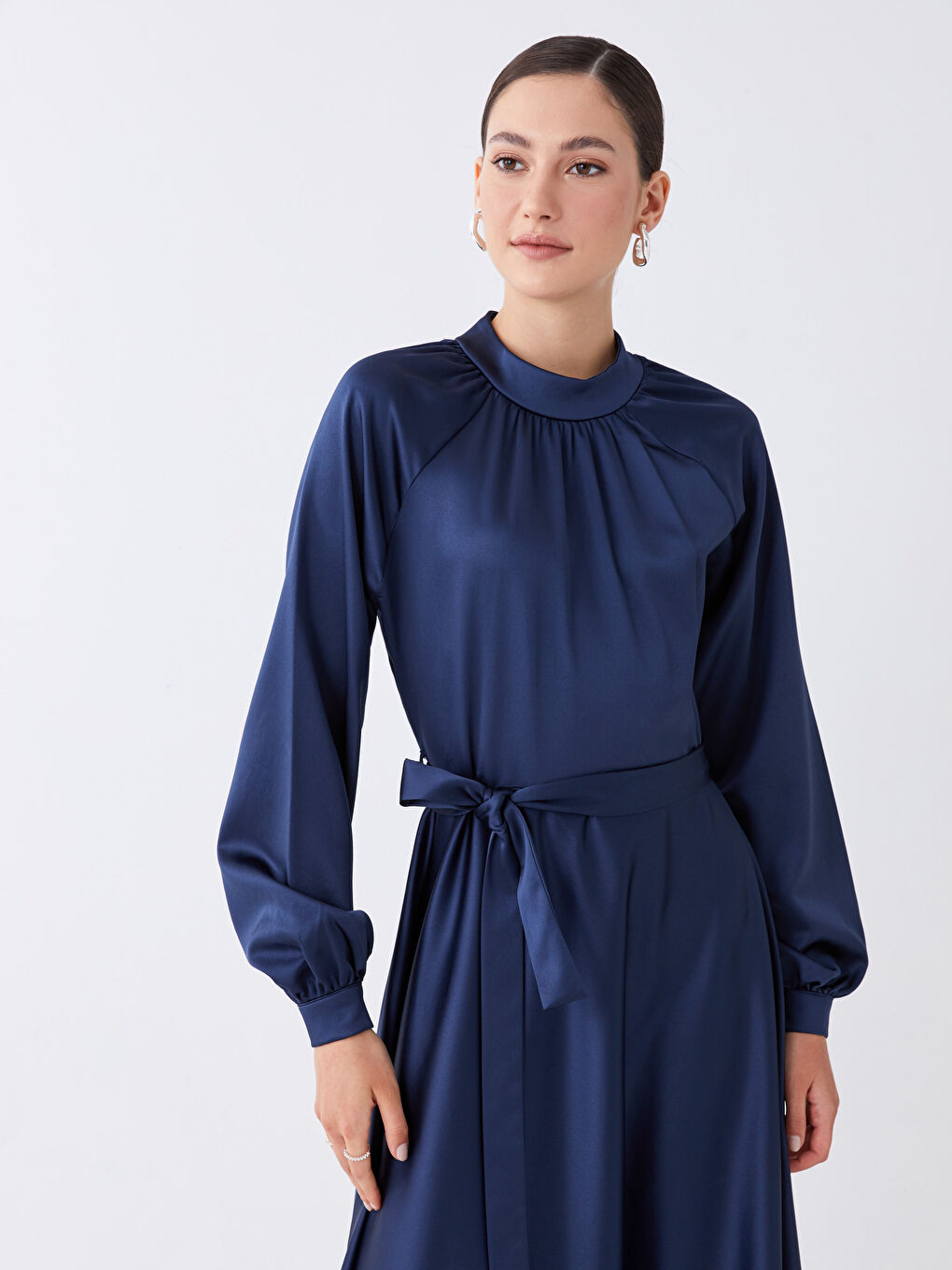 Mavi Dik Yaka Düz Uzun Kollu Kadın Abiye Elbise-2