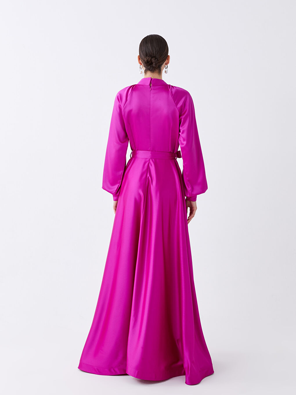 Fuşya Dik Yaka Düz Uzun Kollu Kadın Abiye Elbise-1