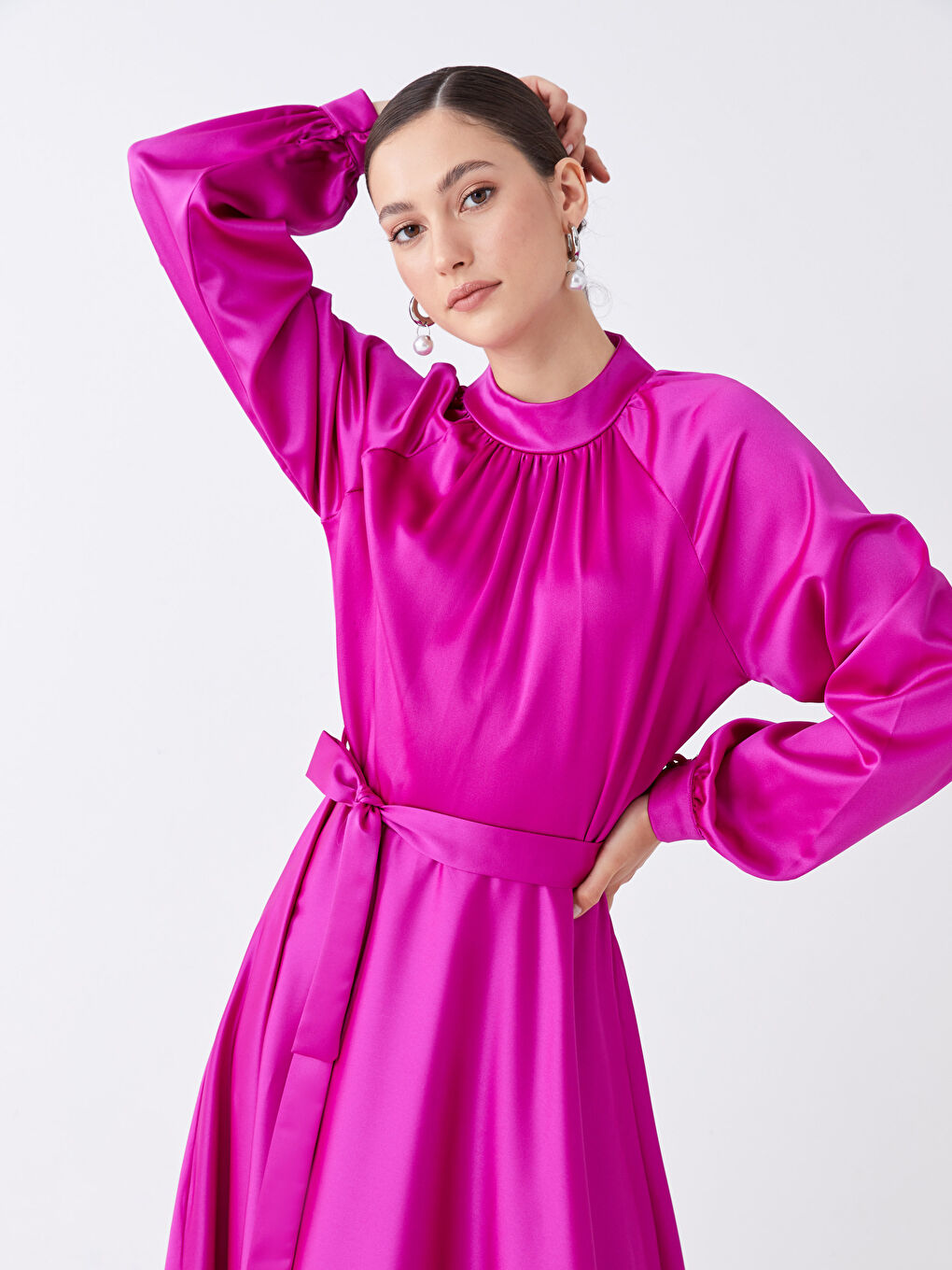 Fuşya Dik Yaka Düz Uzun Kollu Kadın Abiye Elbise-2