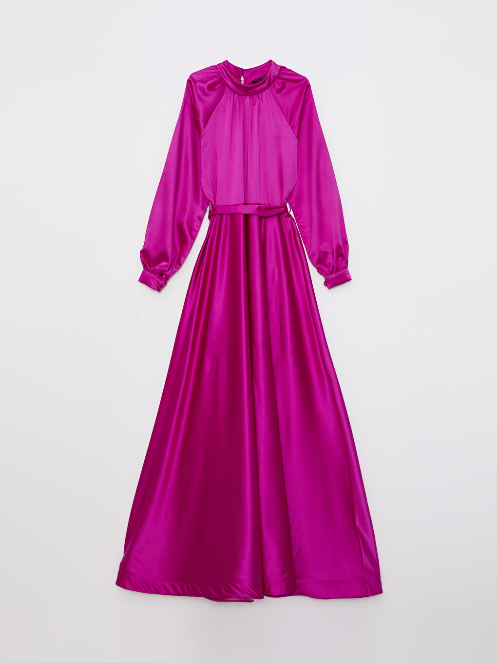 Fuşya Dik Yaka Düz Uzun Kollu Kadın Abiye Elbise-5