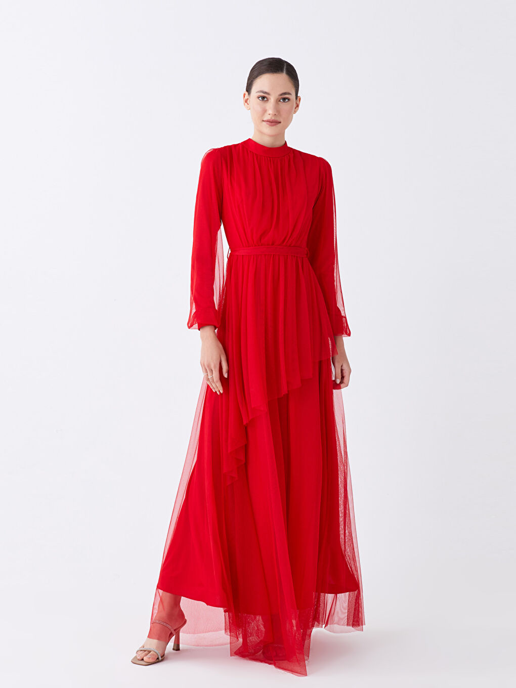 Kırmızı Dik Yaka Düz Uzun Kollu Kadın Abiye Elbise