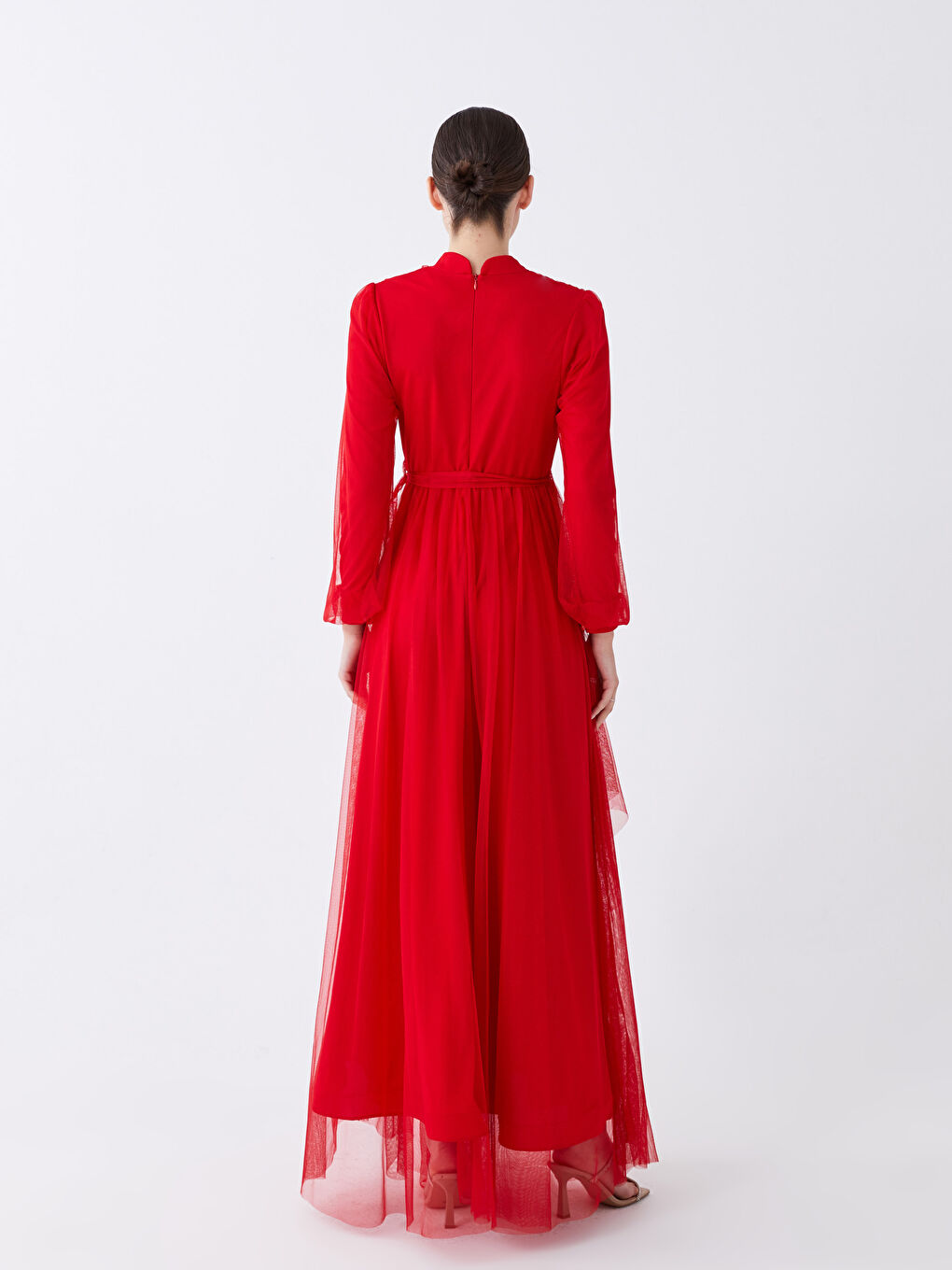 Kırmızı Dik Yaka Düz Uzun Kollu Kadın Abiye Elbise-1