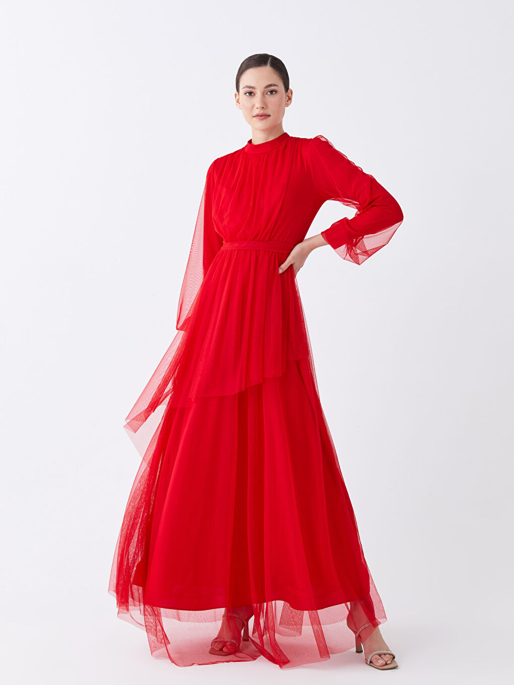 Kırmızı Dik Yaka Düz Uzun Kollu Kadın Abiye Elbise-2