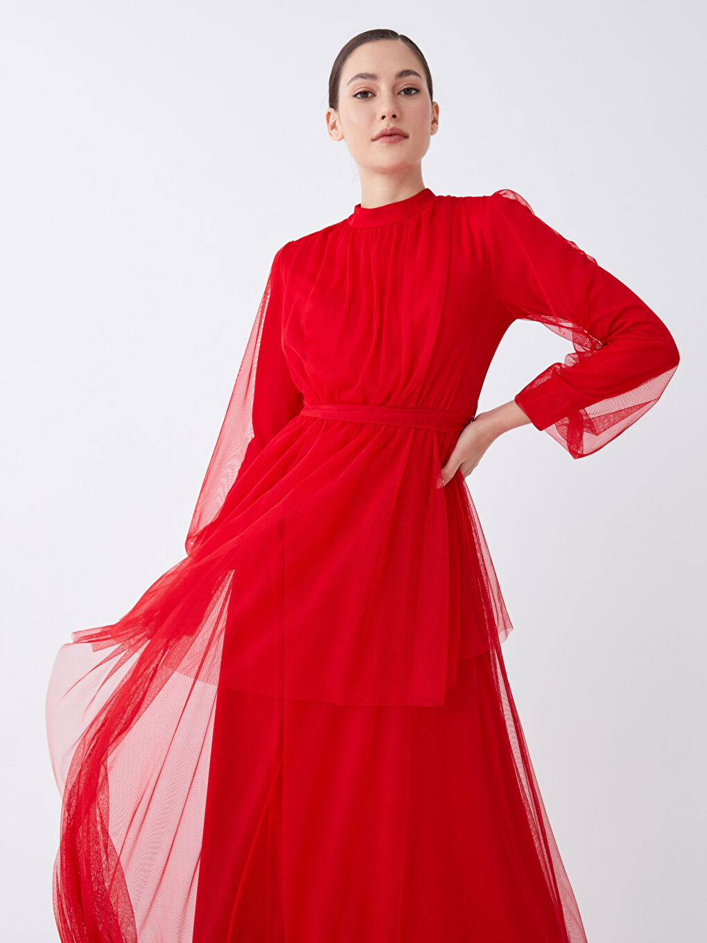 Kırmızı Dik Yaka Düz Uzun Kollu Kadın Abiye Elbise-3