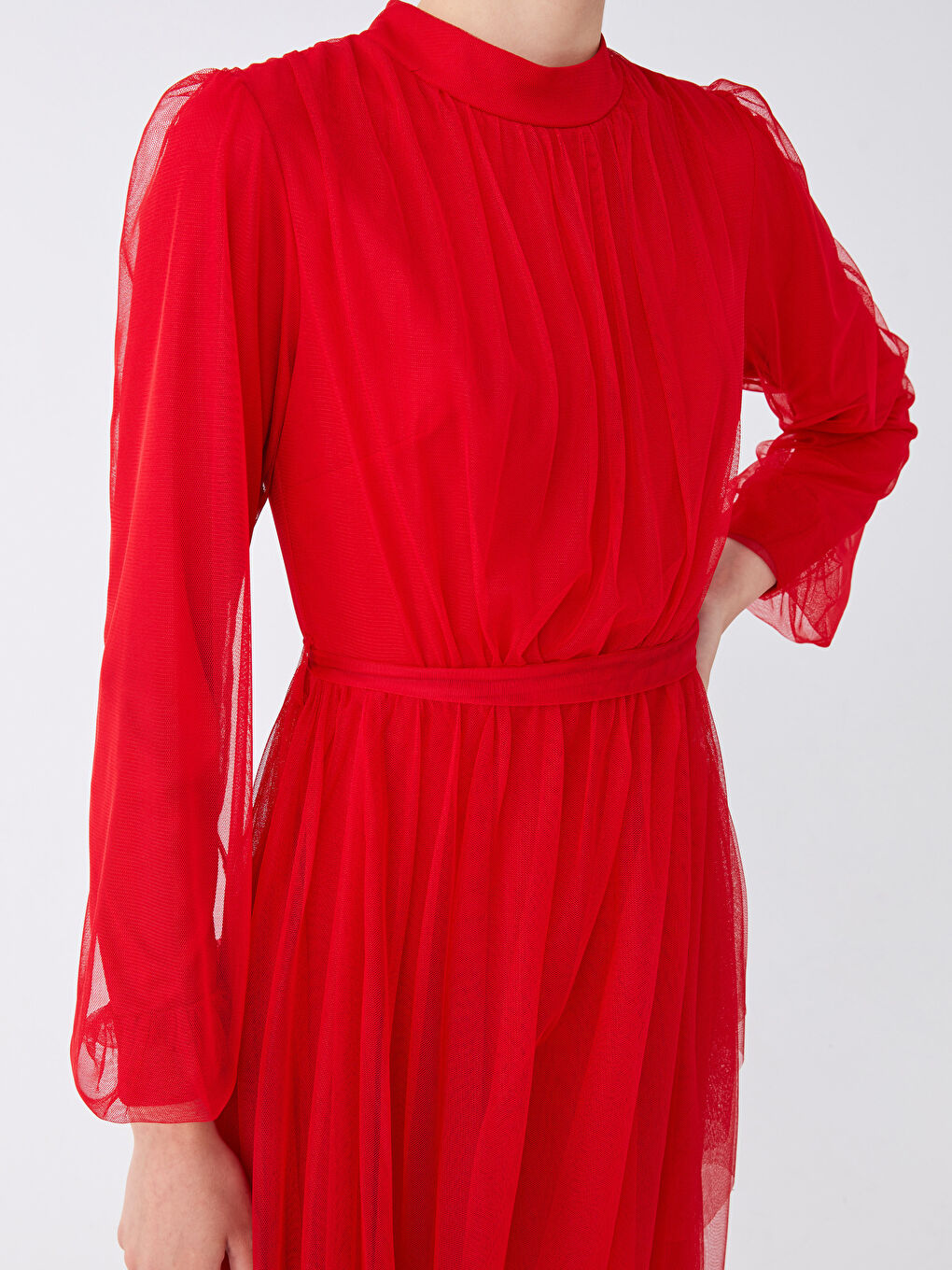 Kırmızı Dik Yaka Düz Uzun Kollu Kadın Abiye Elbise-4