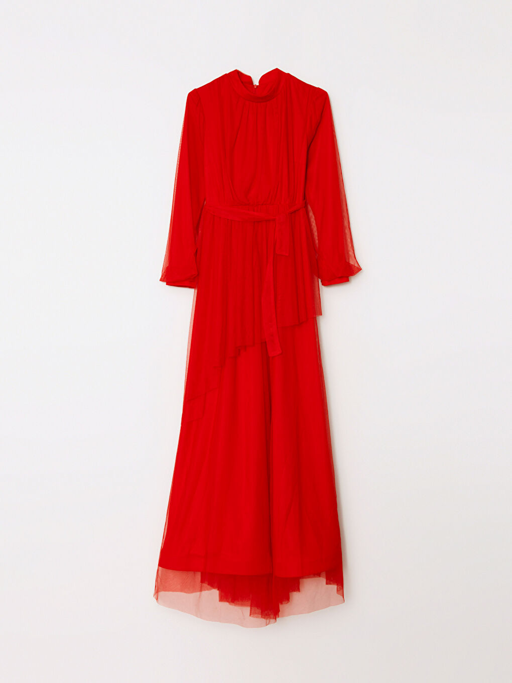 Kırmızı Dik Yaka Düz Uzun Kollu Kadın Abiye Elbise-6