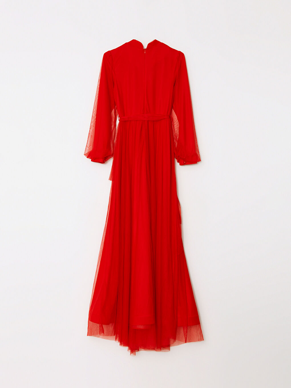 Kırmızı Dik Yaka Düz Uzun Kollu Kadın Abiye Elbise-7