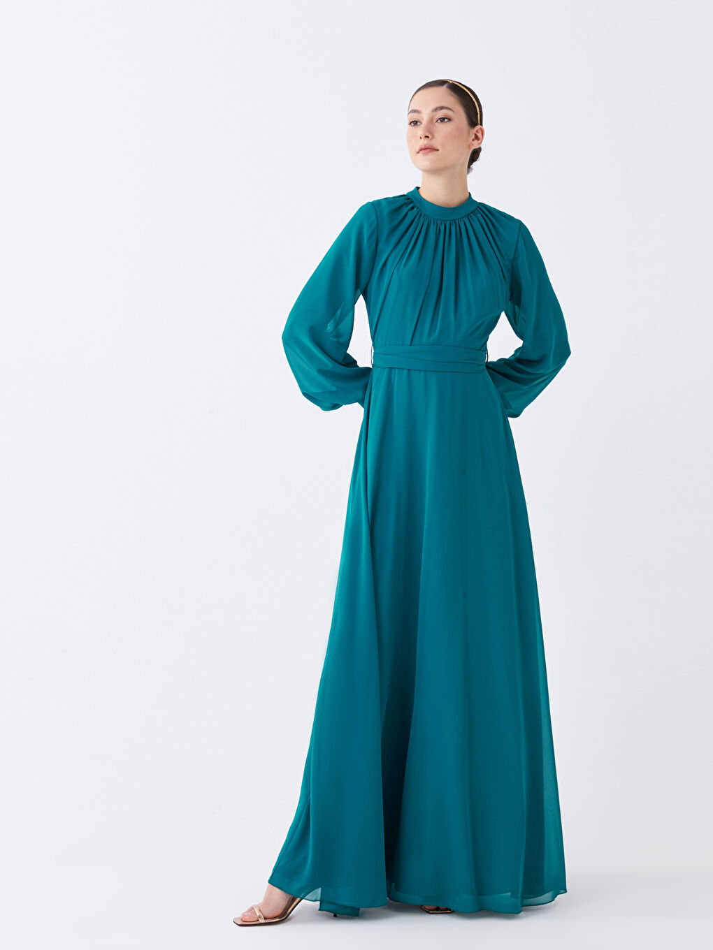 Yeşil Dik Yaka Düz Uzun Kollu Şifon Kadın Abiye Elbise-2