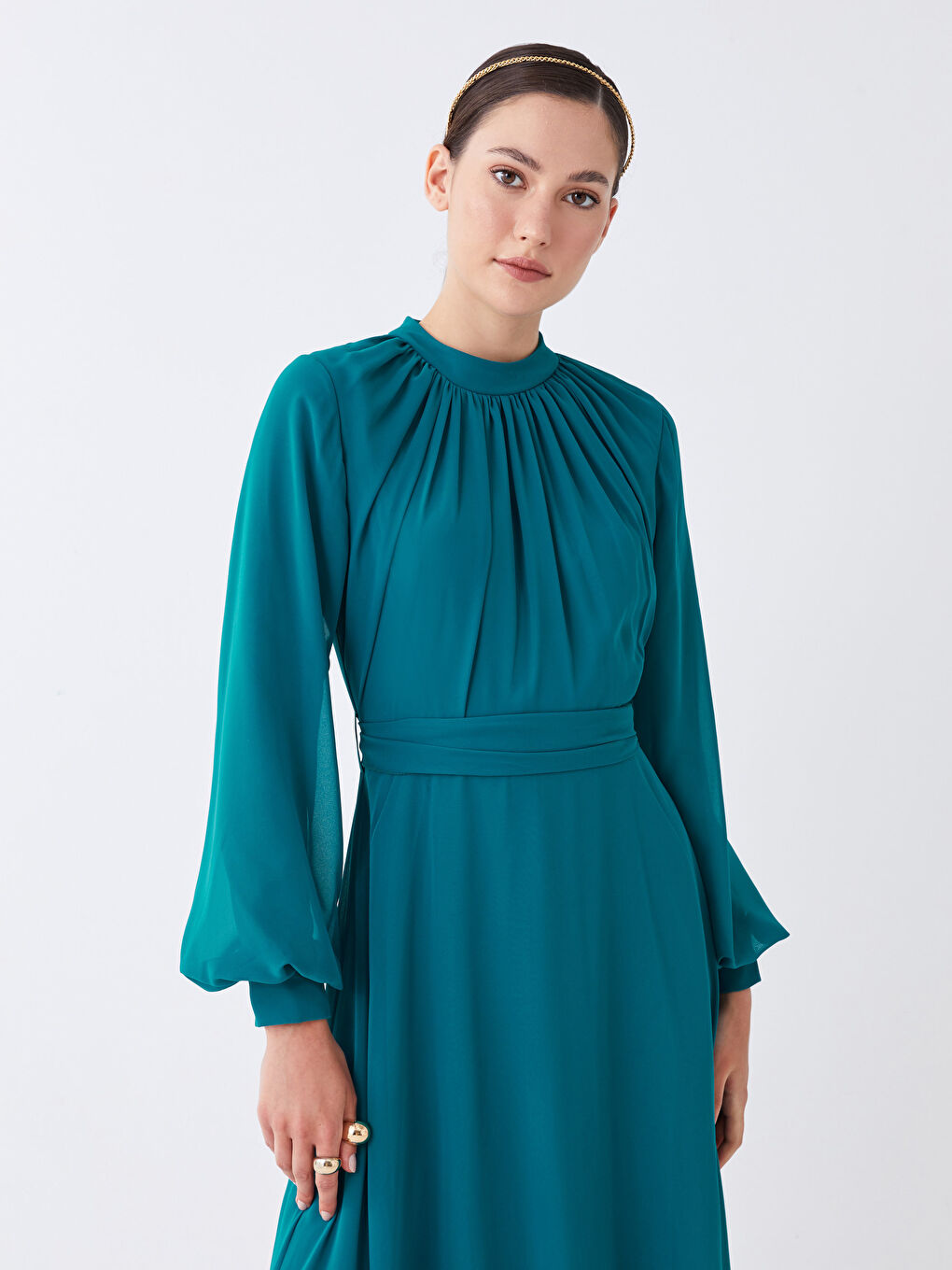 Yeşil Dik Yaka Düz Uzun Kollu Şifon Kadın Abiye Elbise-3
