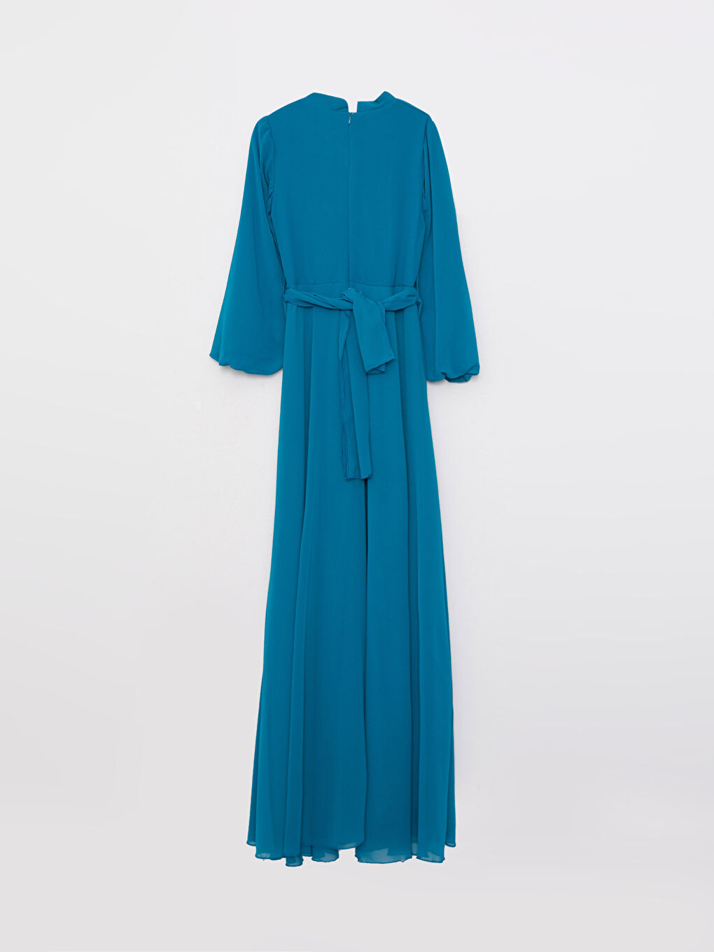 Yeşil Dik Yaka Düz Uzun Kollu Şifon Kadın Abiye Elbise-6