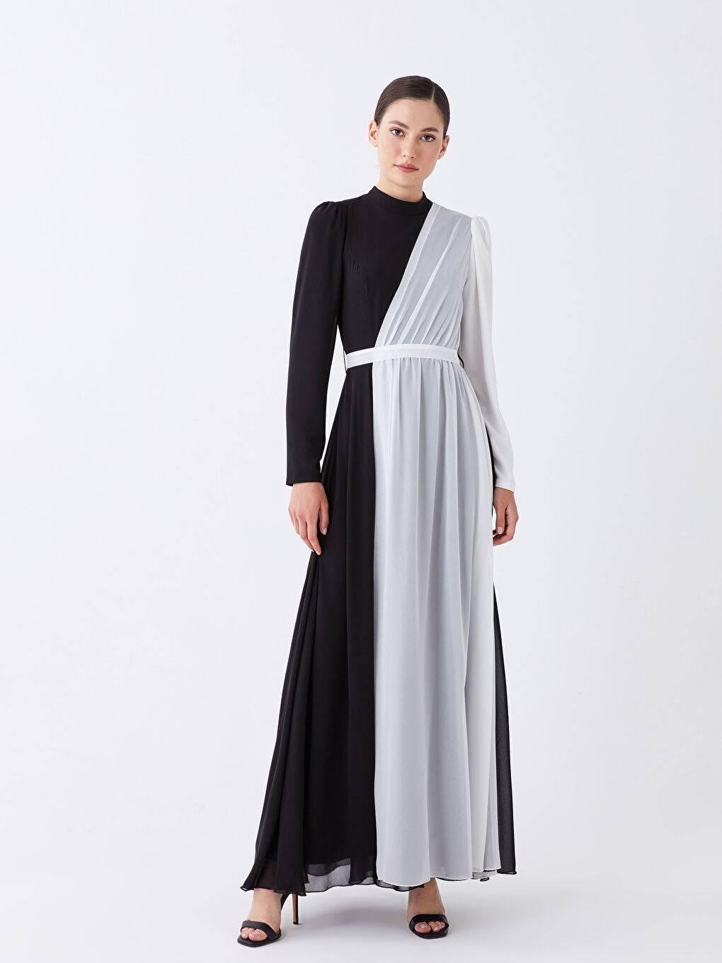 Siyah Dik Yaka Renk Bloklu Uzun Kollu Kadın Abiye Elbise-1