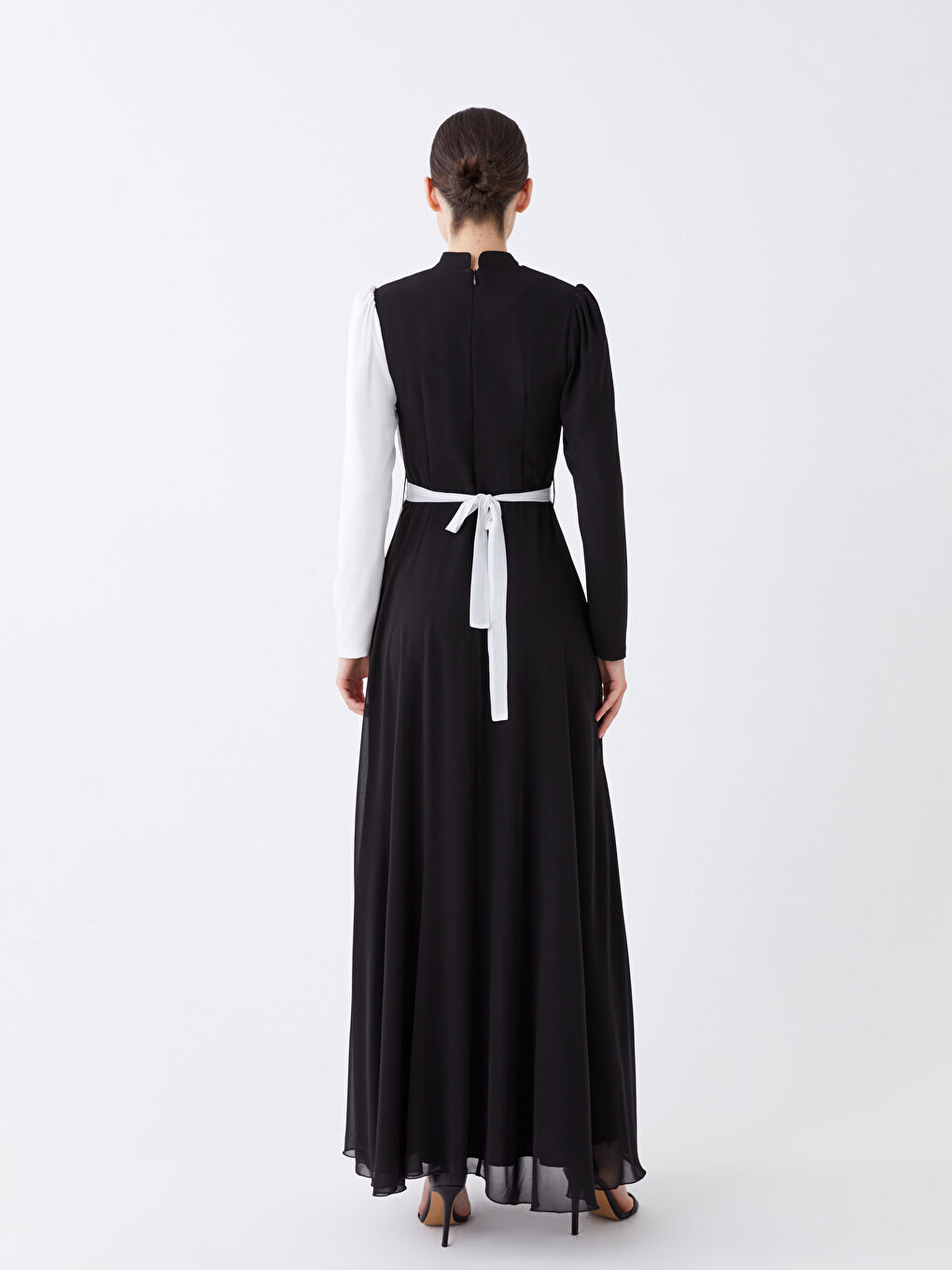 Siyah Dik Yaka Renk Bloklu Uzun Kollu Kadın Abiye Elbise-3