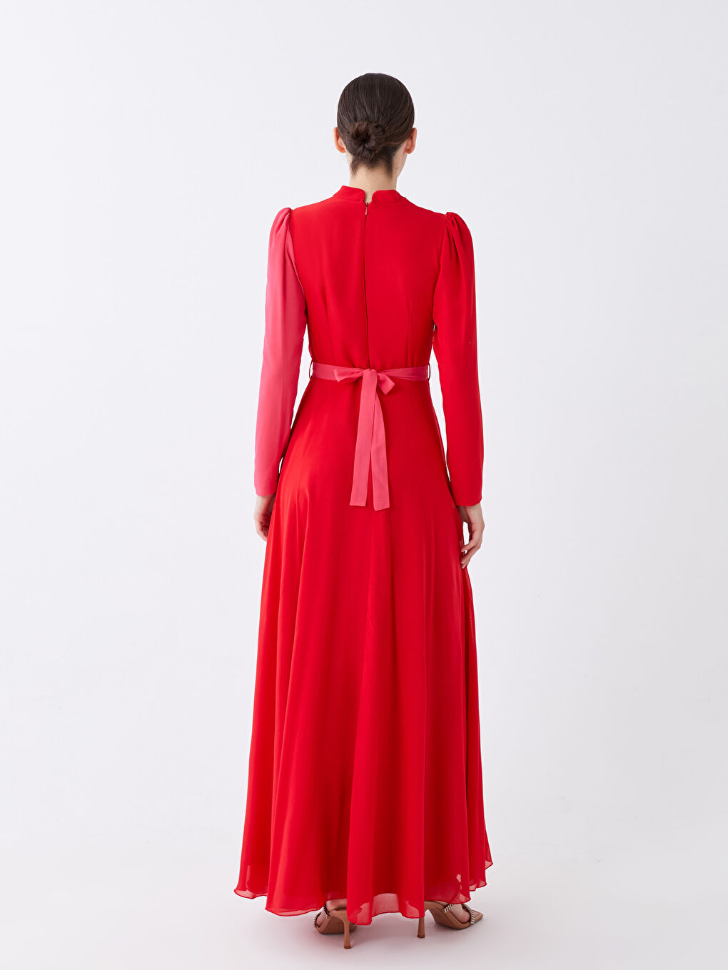 Kırmızı Dik Yaka Renk Bloklu Uzun Kollu Kadın Abiye Elbise-1