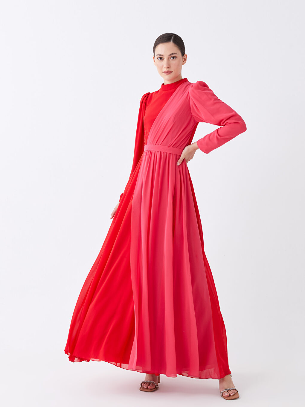 Kırmızı Dik Yaka Renk Bloklu Uzun Kollu Kadın Abiye Elbise-2