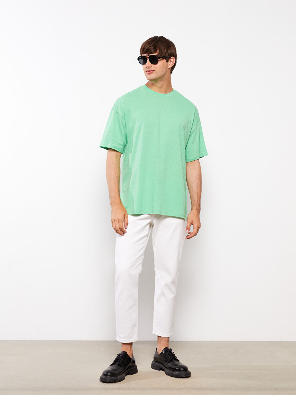 Yeşil Oversize Bisiklet Yaka Kısa Kollu Penye Erkek Tişört-2