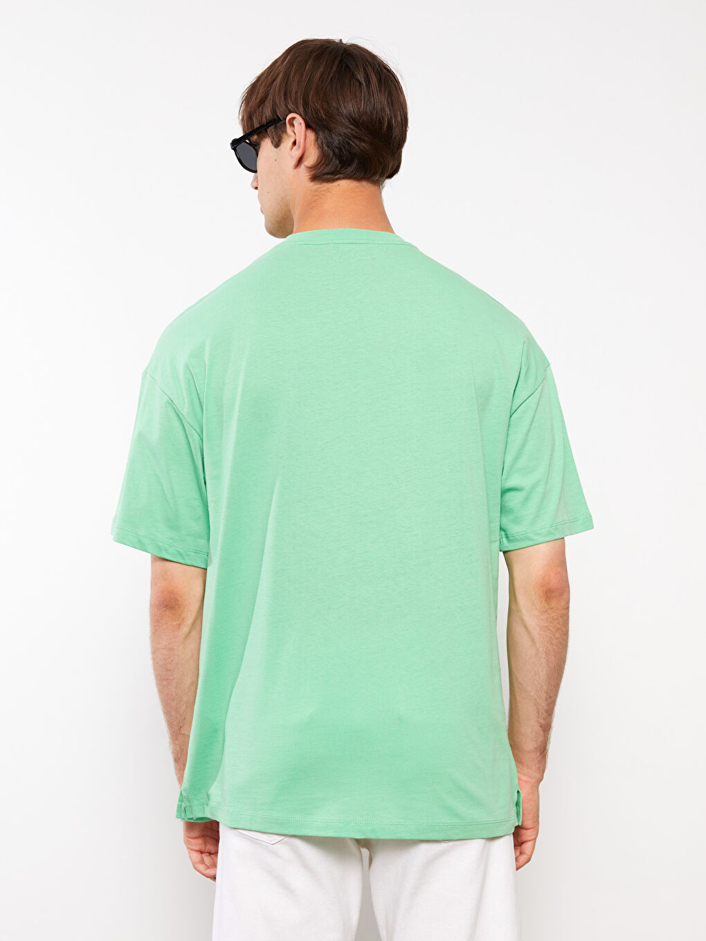 Yeşil Oversize Bisiklet Yaka Kısa Kollu Penye Erkek Tişört-5