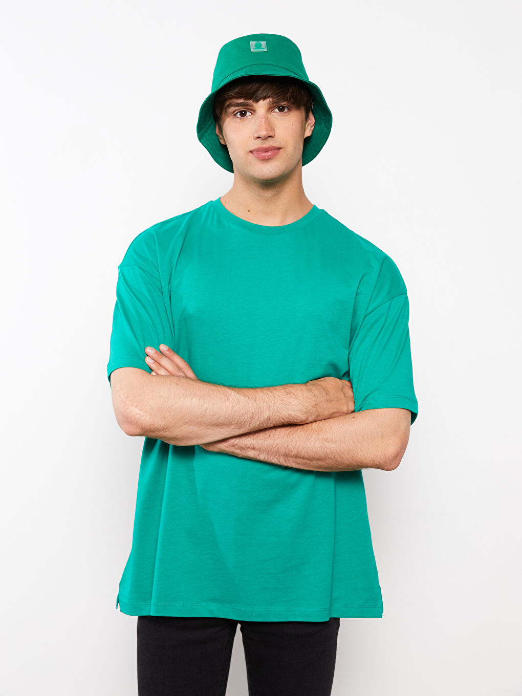 Yeşil Oversize Bisiklet Yaka Kısa Kollu Penye Erkek Tişört-1