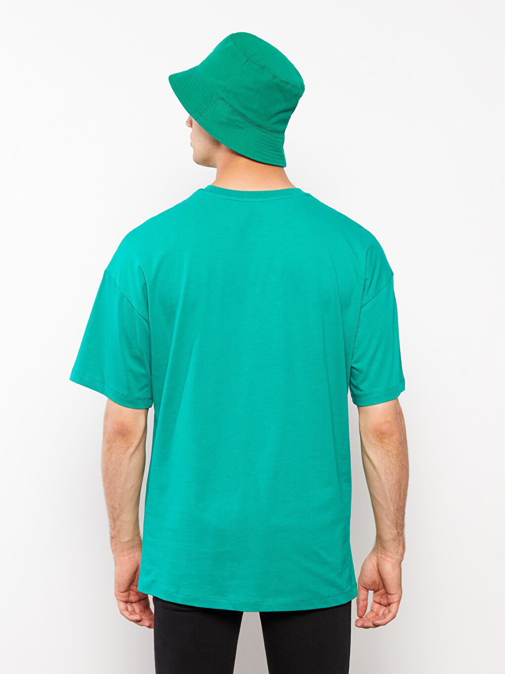 Yeşil Oversize Bisiklet Yaka Kısa Kollu Penye Erkek Tişört-4