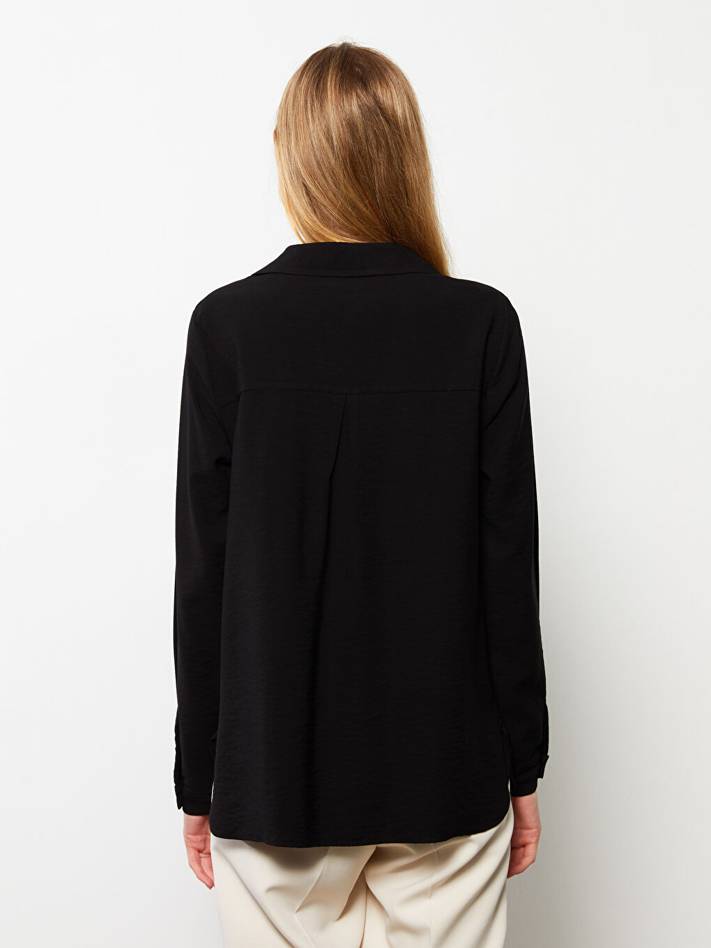 Siyah Gömlek Yaka Düz Uzun Kollu Kadın Bluz-4