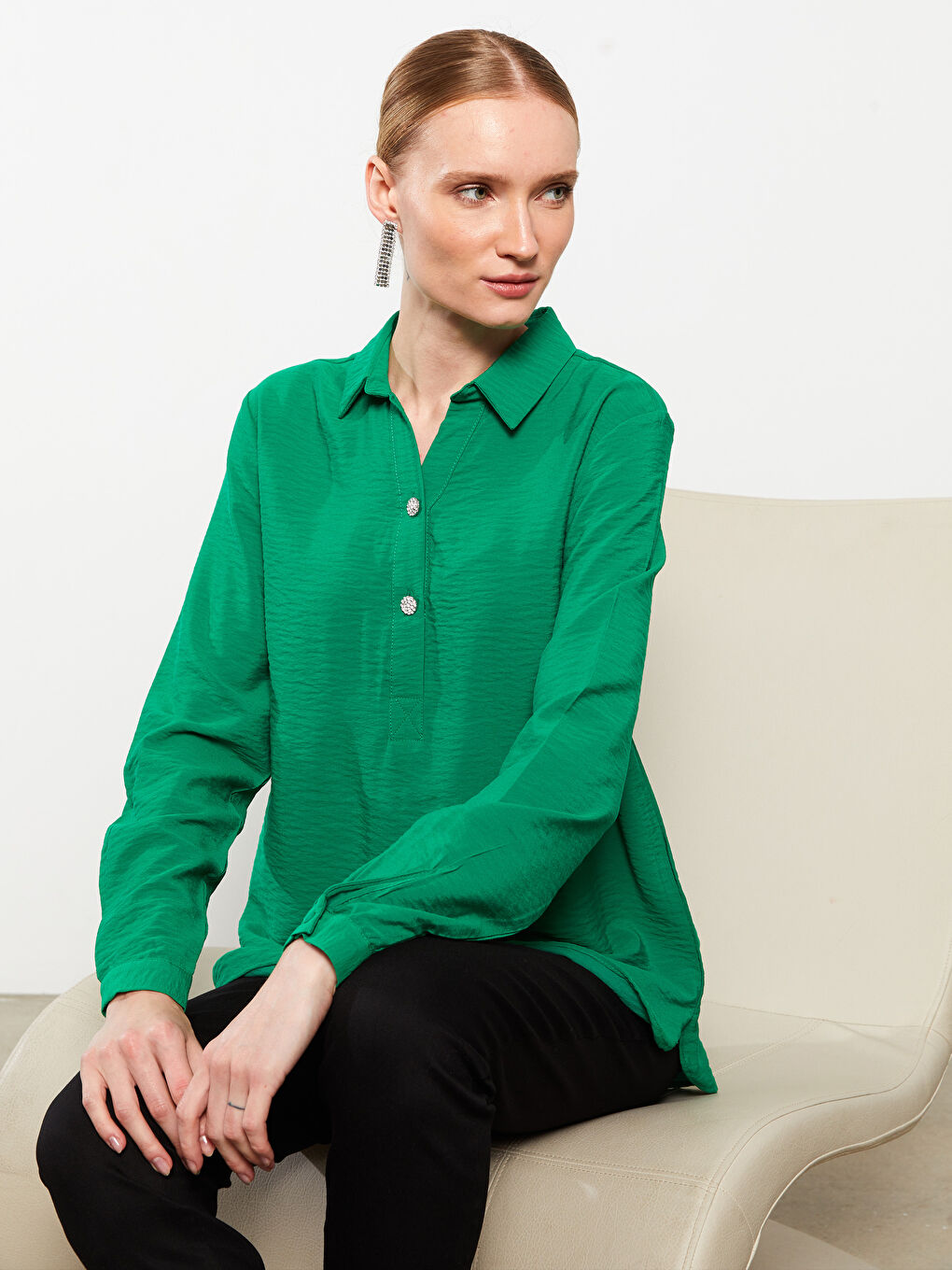 Yeşil Gömlek Yaka Düz Uzun Kollu Kadın Bluz
