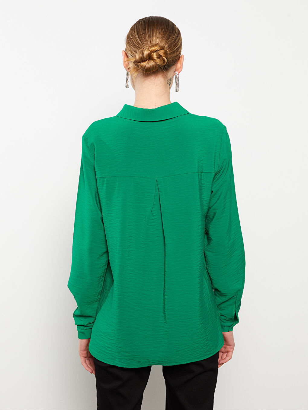Yeşil Gömlek Yaka Düz Uzun Kollu Kadın Bluz-4