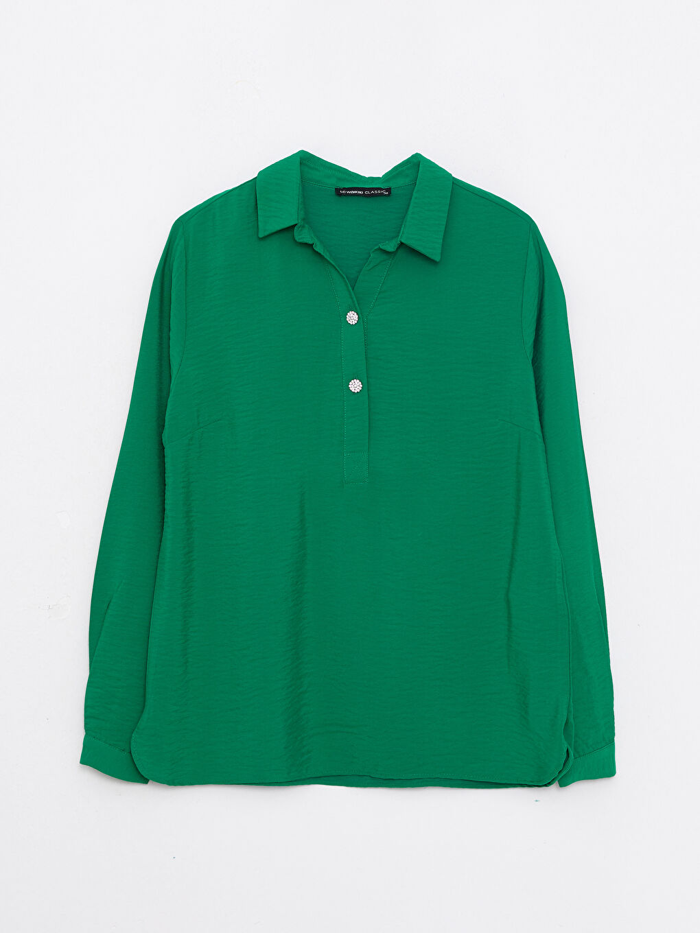 Yeşil Gömlek Yaka Düz Uzun Kollu Kadın Bluz-5