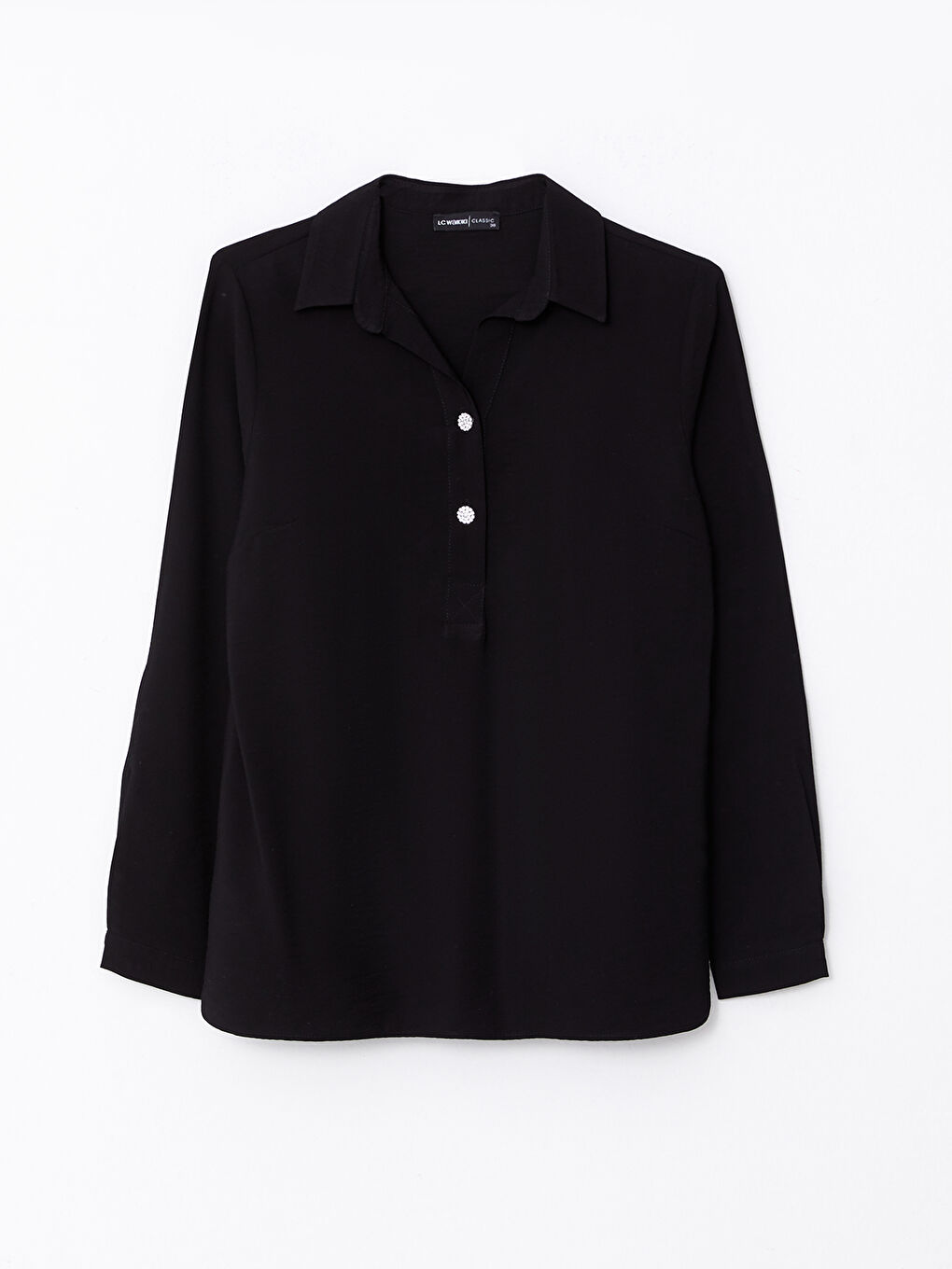 Siyah Gömlek Yaka Düz Uzun Kollu Kadın Bluz-5