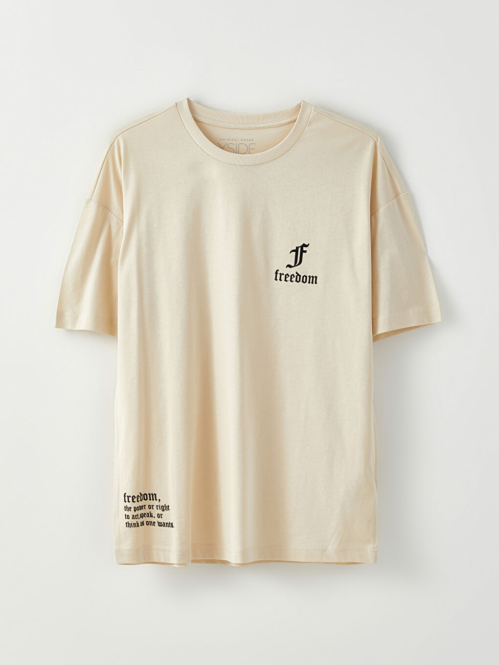 Bej Bisiklet Yaka Kısa Kollu Baskılı Penye Erkek Tişört-4