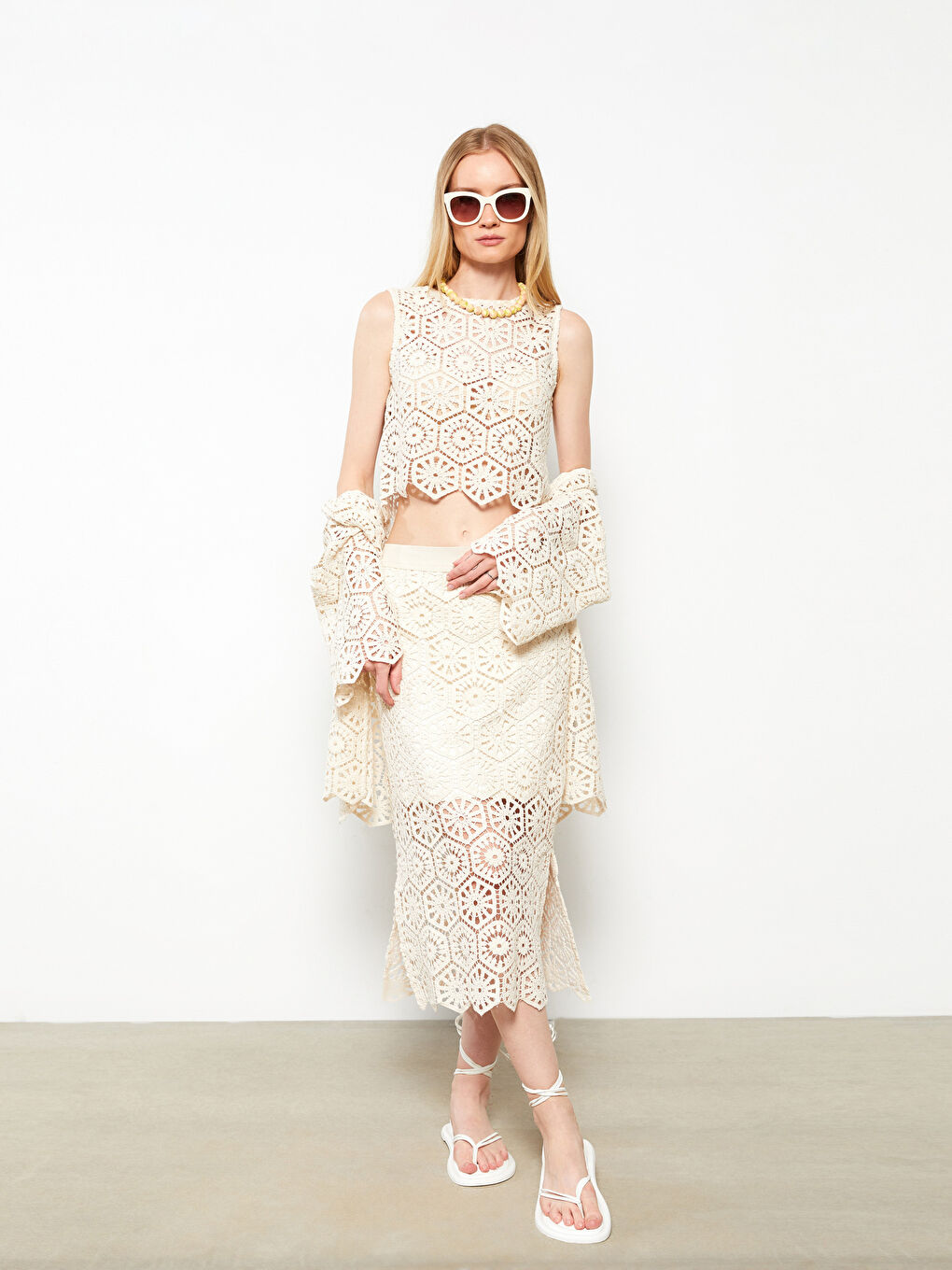 Bej Nakışlı Kadın Kroşe Etek-2