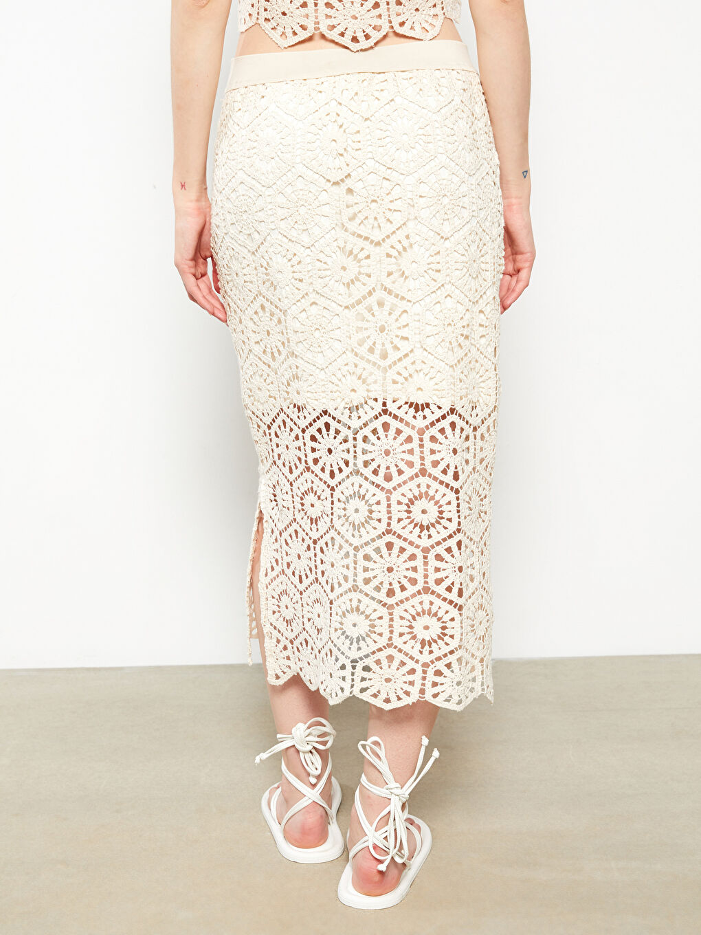 Bej Nakışlı Kadın Kroşe Etek-5