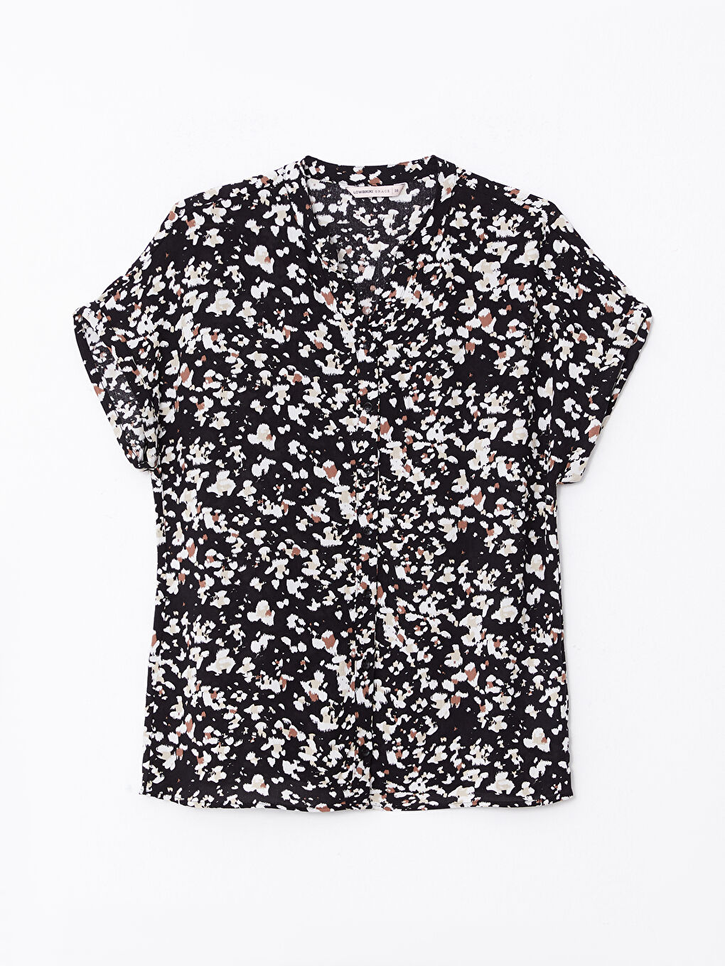 Siyah Kaçık Yaka Desenli Kısa Kollu Viskon Kadın Gömlek-5
