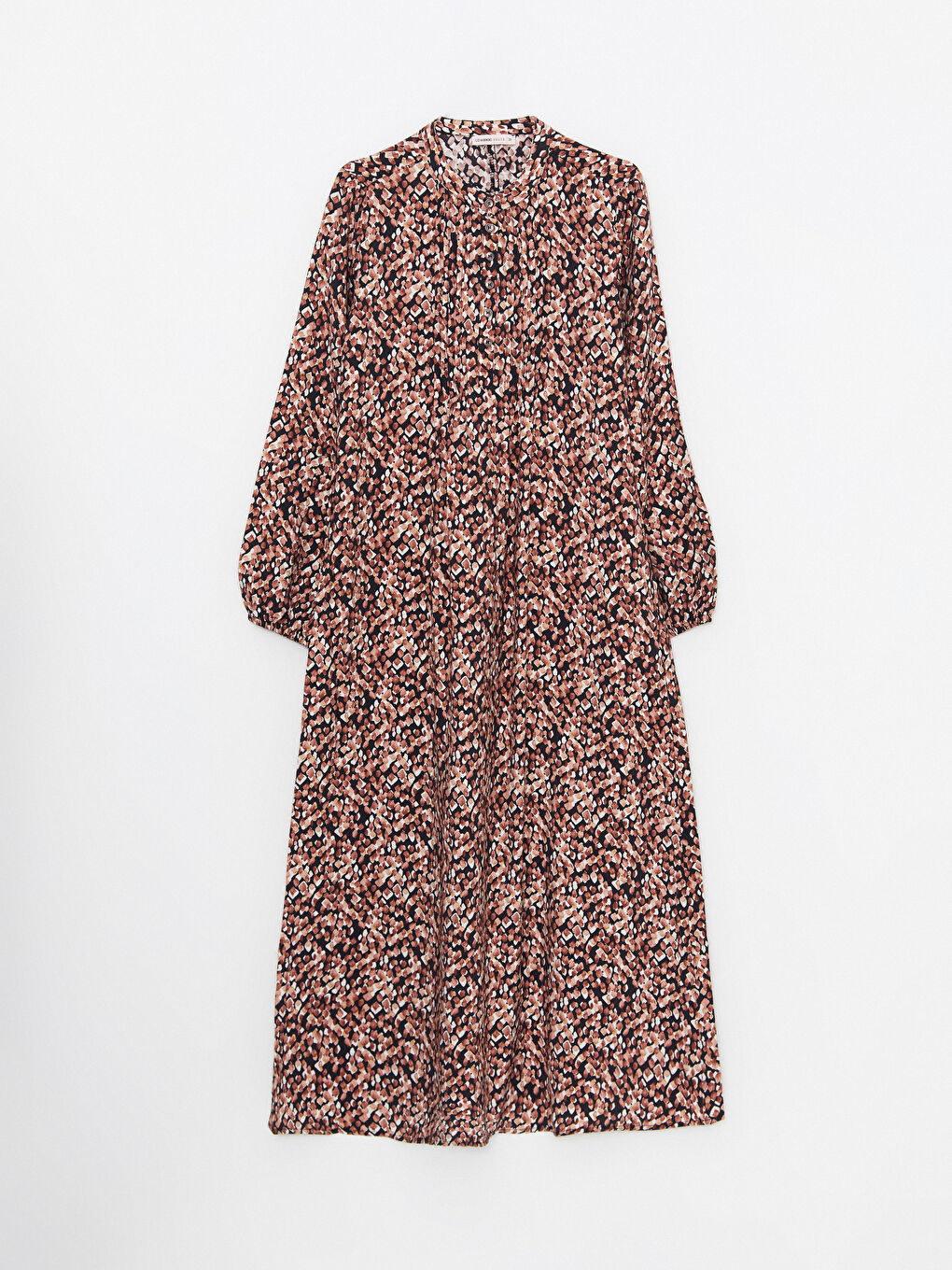 Kahverengi Bisiklet Yaka Desenli Uzun Kollu A Kesim Kadın Elbise-5