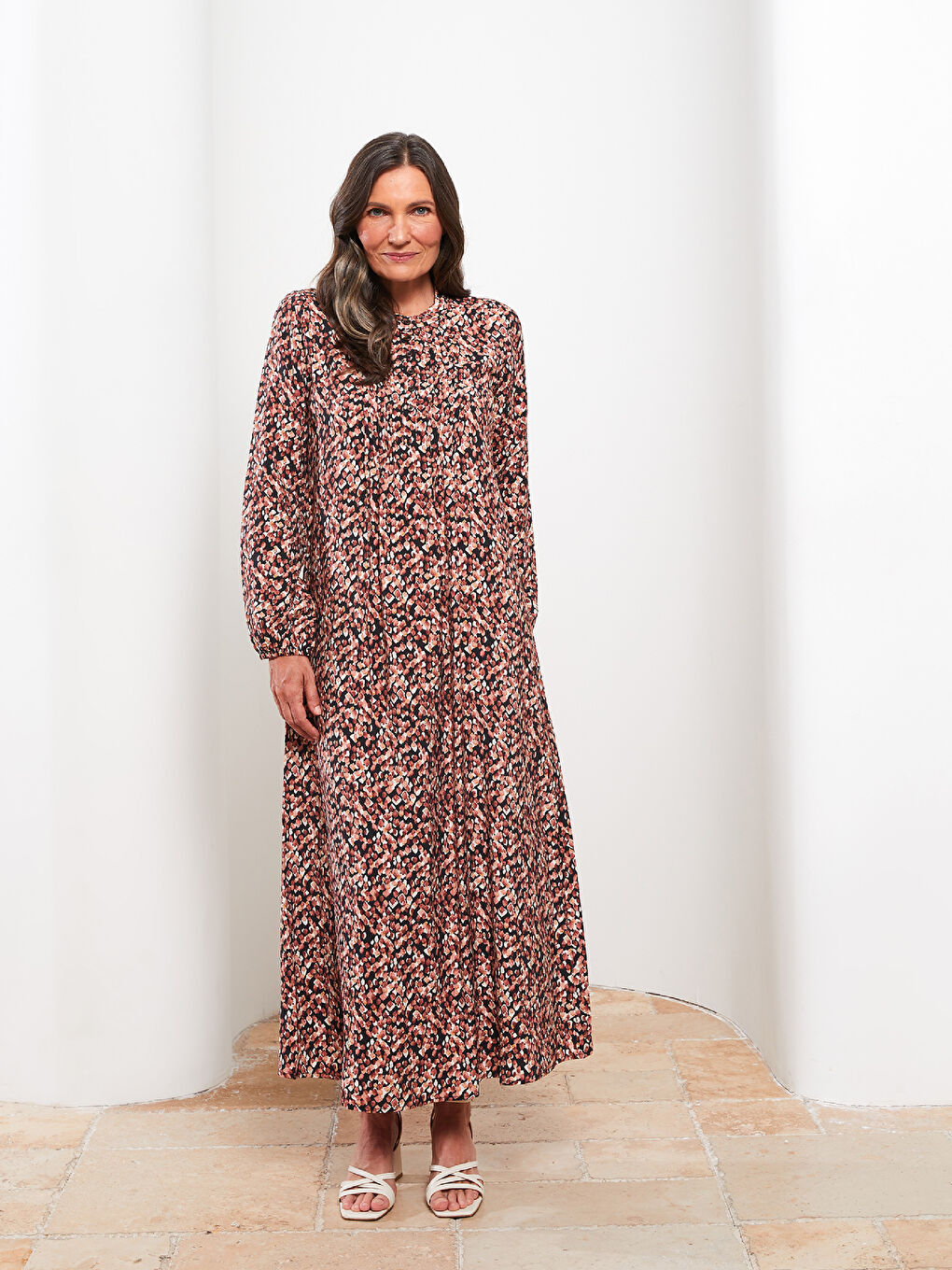 Kahverengi Bisiklet Yaka Desenli Uzun Kollu A Kesim Kadın Elbise