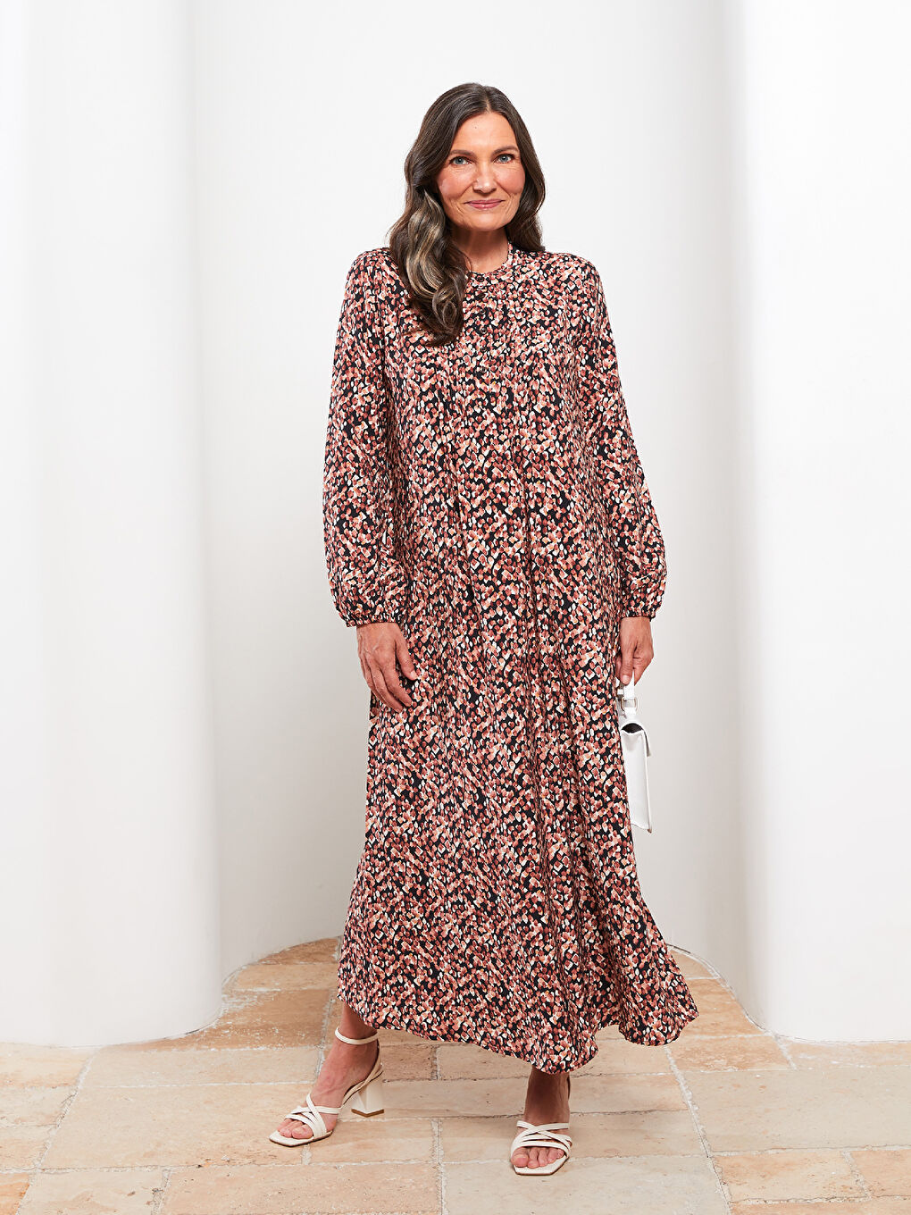 Kahverengi Bisiklet Yaka Desenli Uzun Kollu A Kesim Kadın Elbise-2