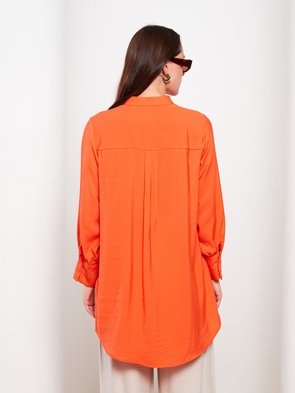 Turuncu Dik Yaka Düz Uzun Kollu Kadın Tunik-4