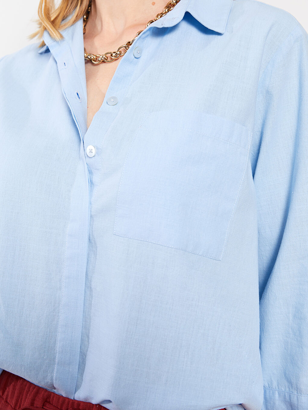 Önden Düğme Kapamalı Düz Pamuklu Kadın Gömlek-3