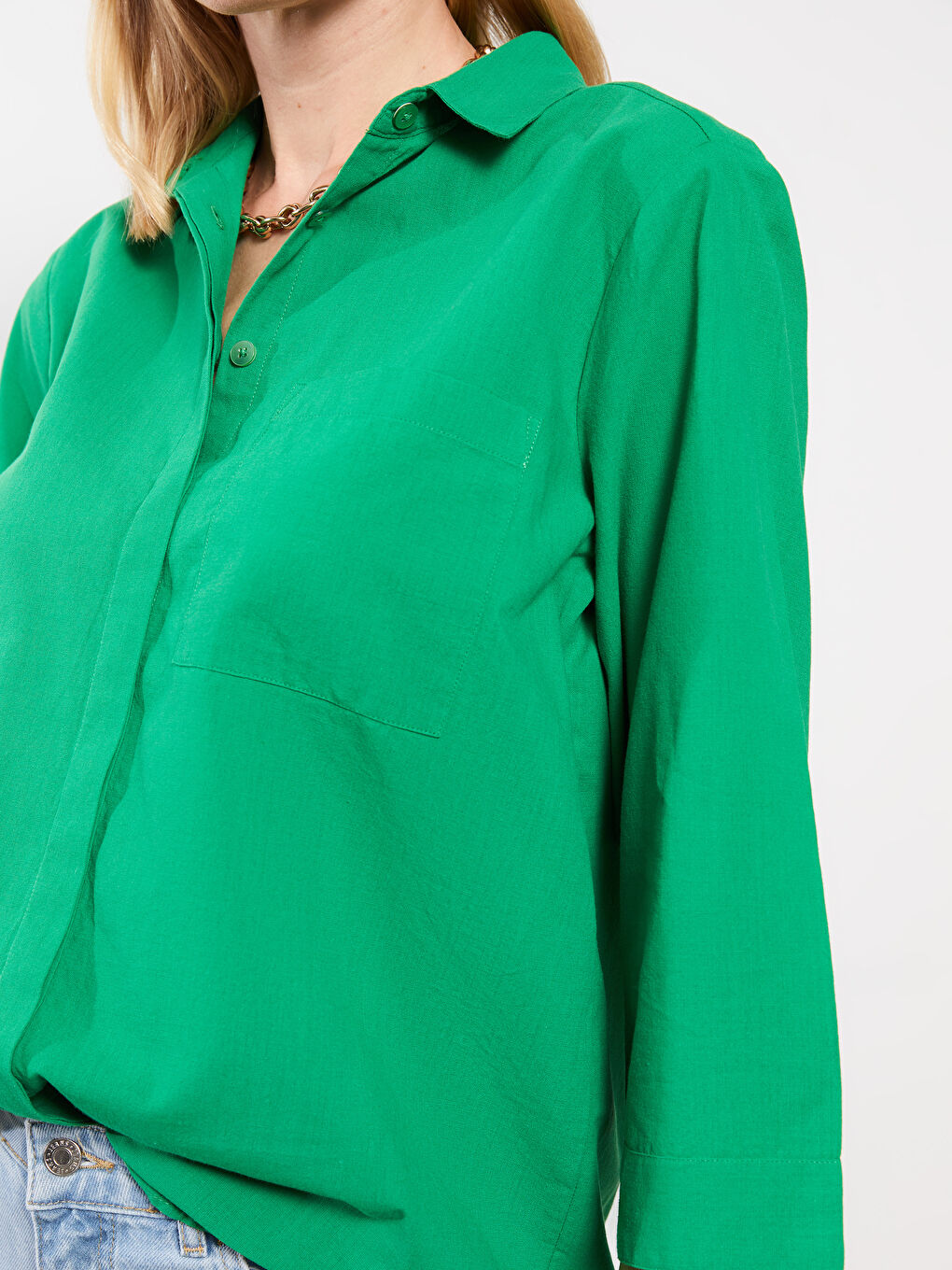Yeşil Önden Düğme Kapamalı Düz Pamuklu Kadın Gömlek-3