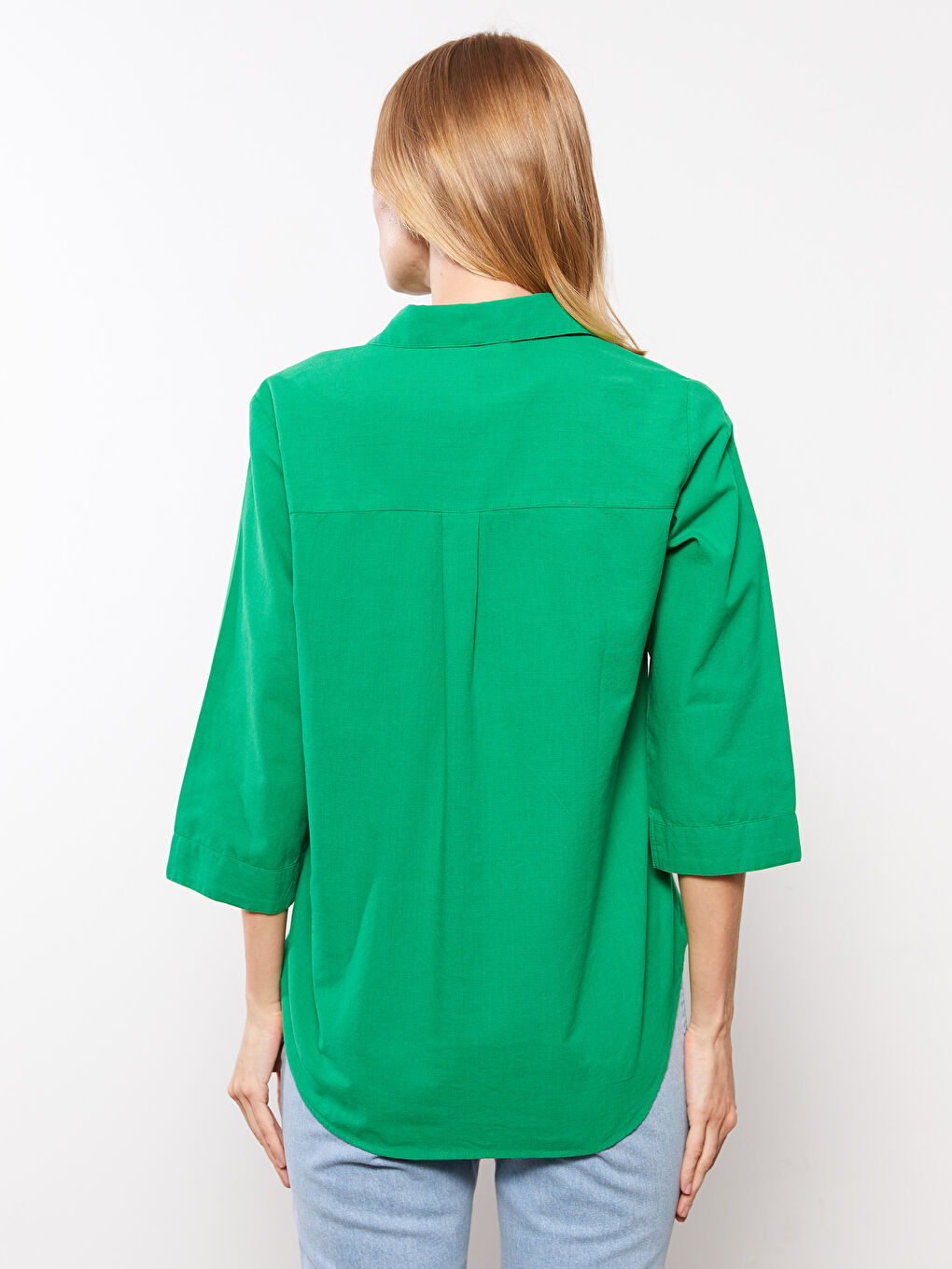 Yeşil Önden Düğme Kapamalı Düz Pamuklu Kadın Gömlek-4