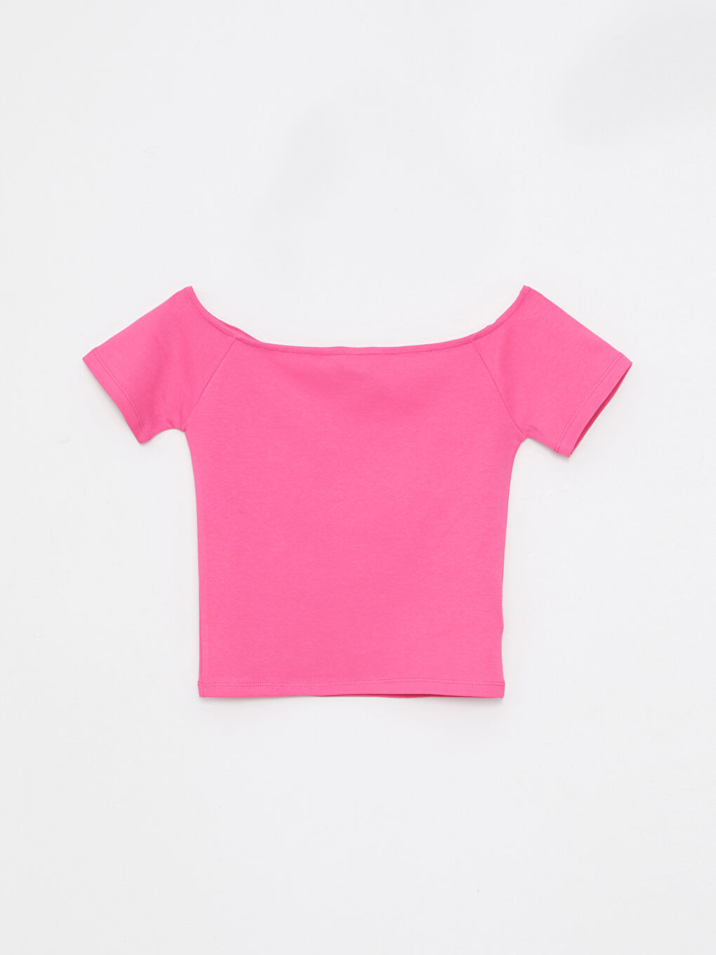 Pembe Kayık Yaka Düz Kısa Kollu Kadın Crop