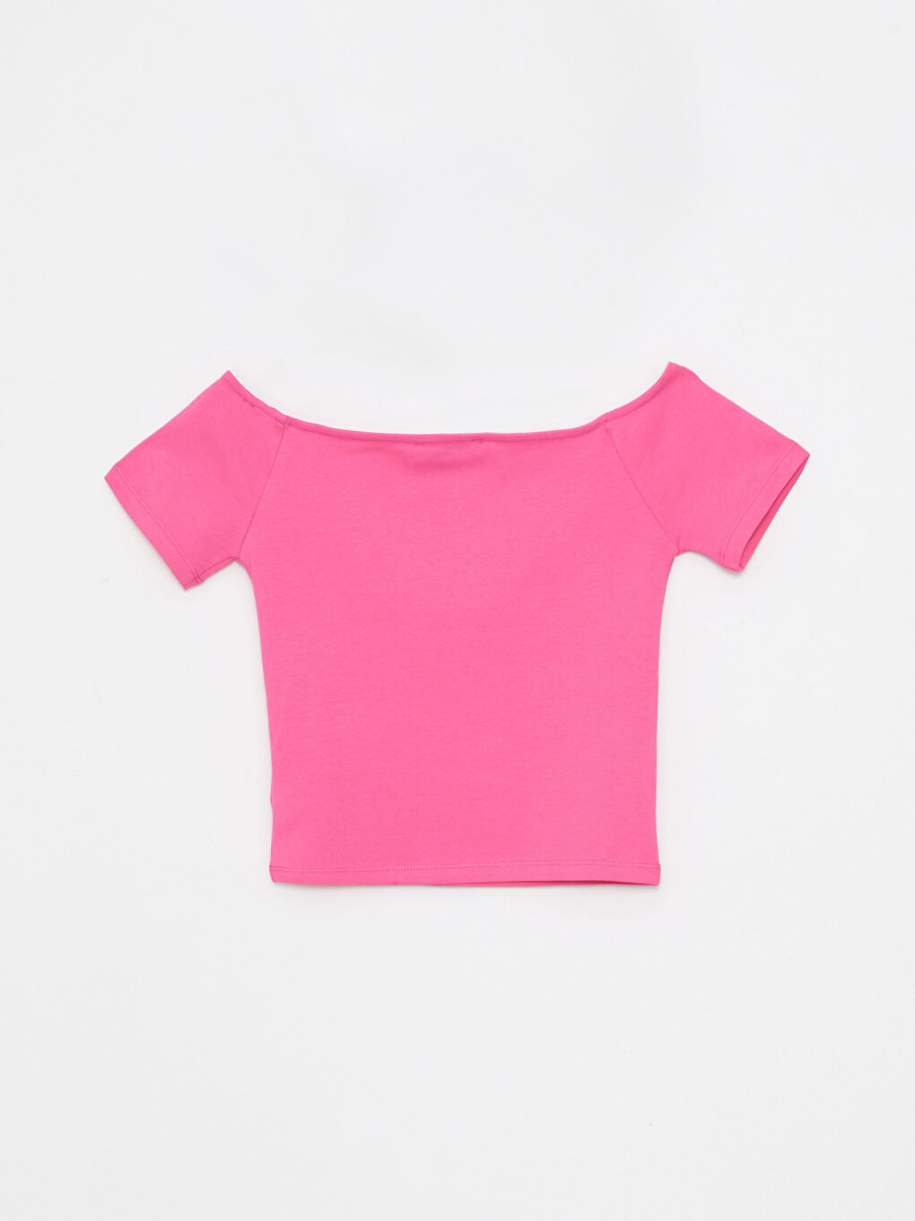 Pembe Kayık Yaka Düz Kısa Kollu Kadın Crop-1