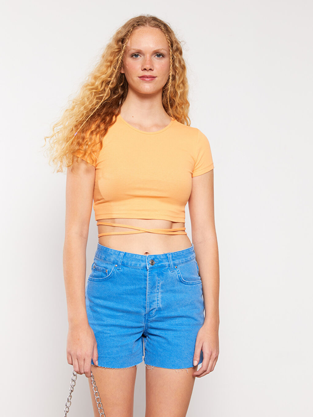 Turuncu Bisiklet Yaka Düz Kısa Kollu Kadın Crop-1