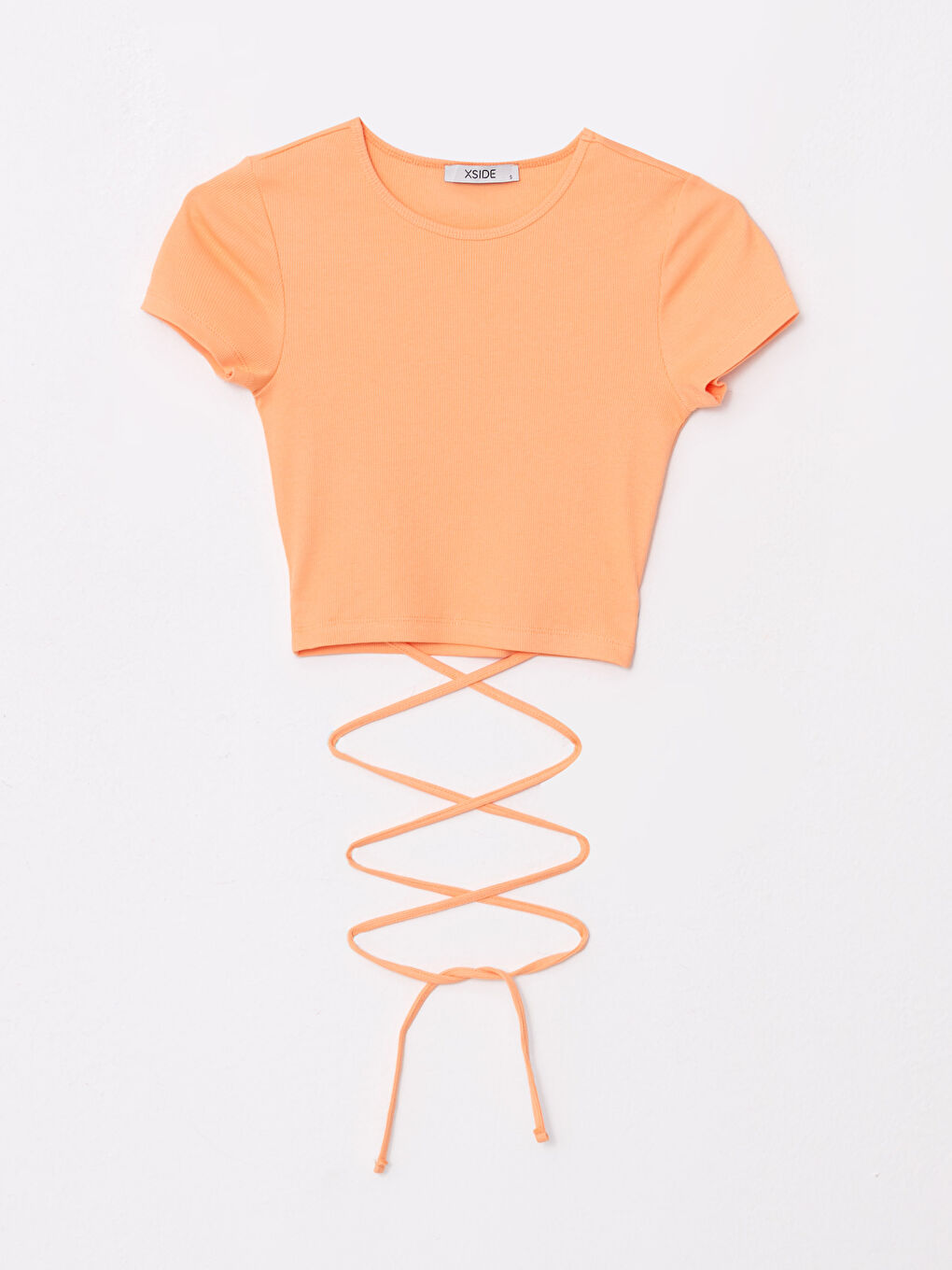 Turuncu Bisiklet Yaka Düz Kısa Kollu Kadın Crop-5