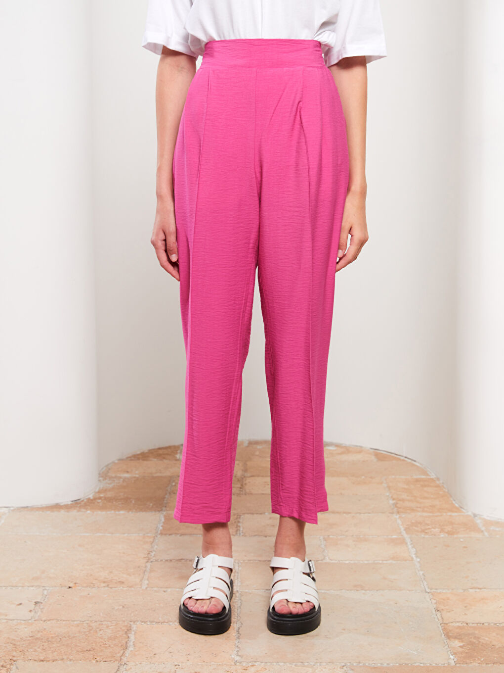 Fuşya Kadın Beli Lastikli Standart Fit Düz Pantolon-3