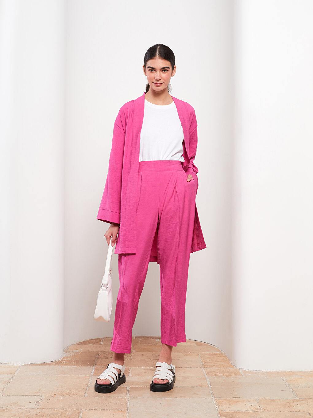 Fuşya Kadın Beli Lastikli Standart Fit Düz Pantolon-1