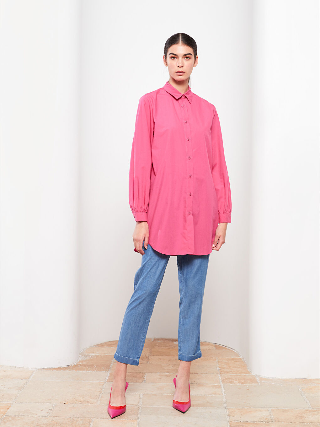 Fuşya Düz Poplin Kadın Gömlek Tunik