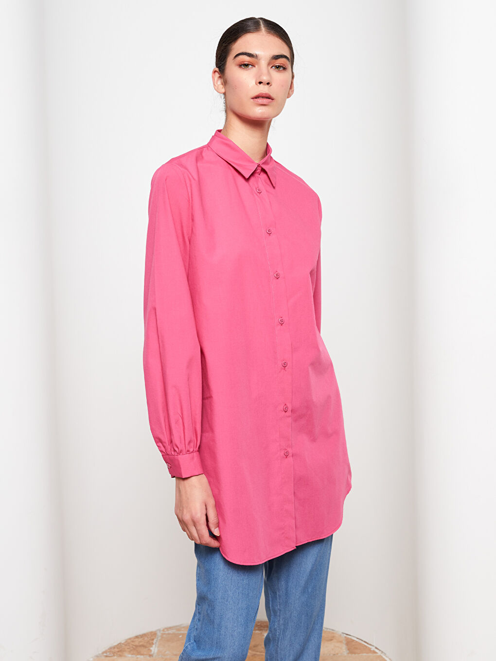 Fuşya Düz Poplin Kadın Gömlek Tunik-1